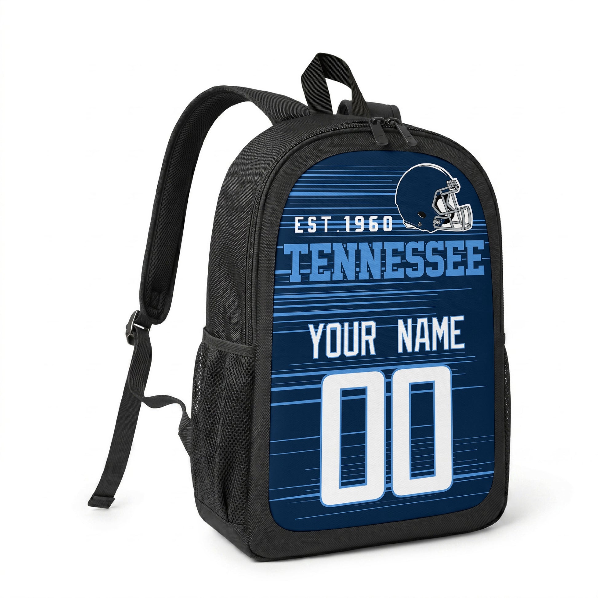 Tennessee custom name and number football backpack angled side view with black straps