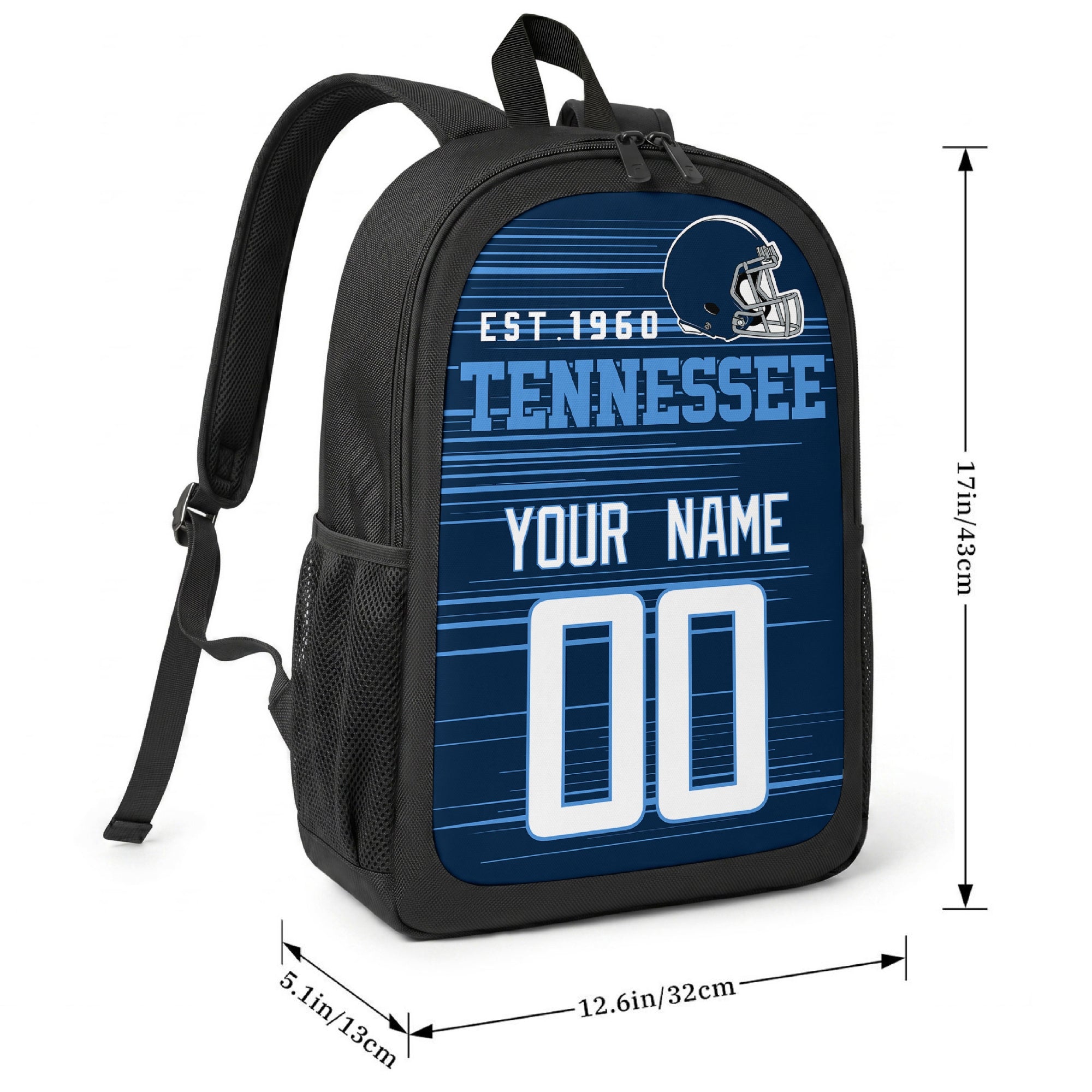Tennessee football-inspired backpack size chart showing 17 inch height, 12.6 inch width, and 5.1 inch depth