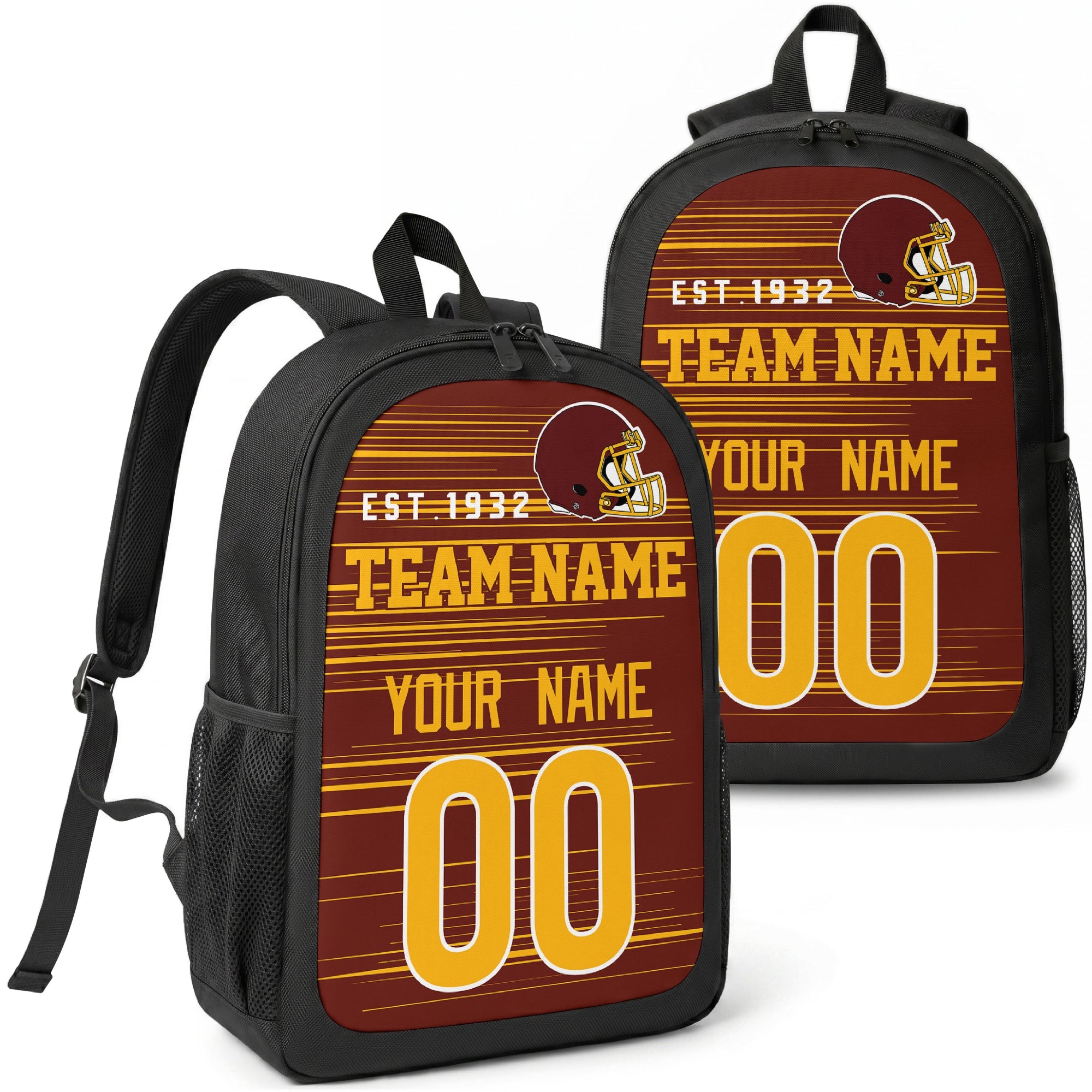 Washington custom football backpack with name and number, front and angled product view