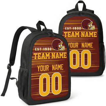 Washington custom football backpack with name and number, front and angled product view