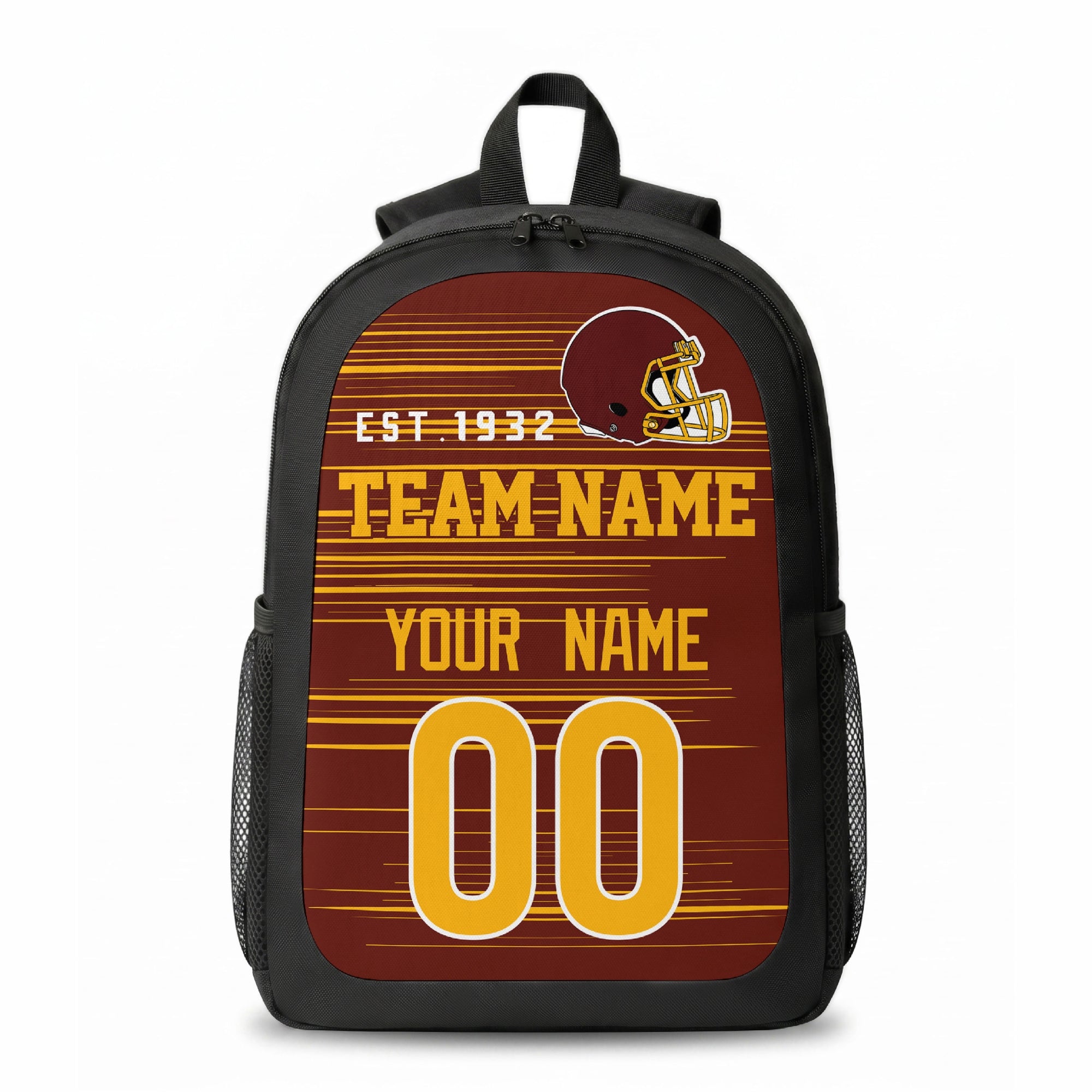 Washington stripe colors personalized football backpack front view with helmet-style graphic