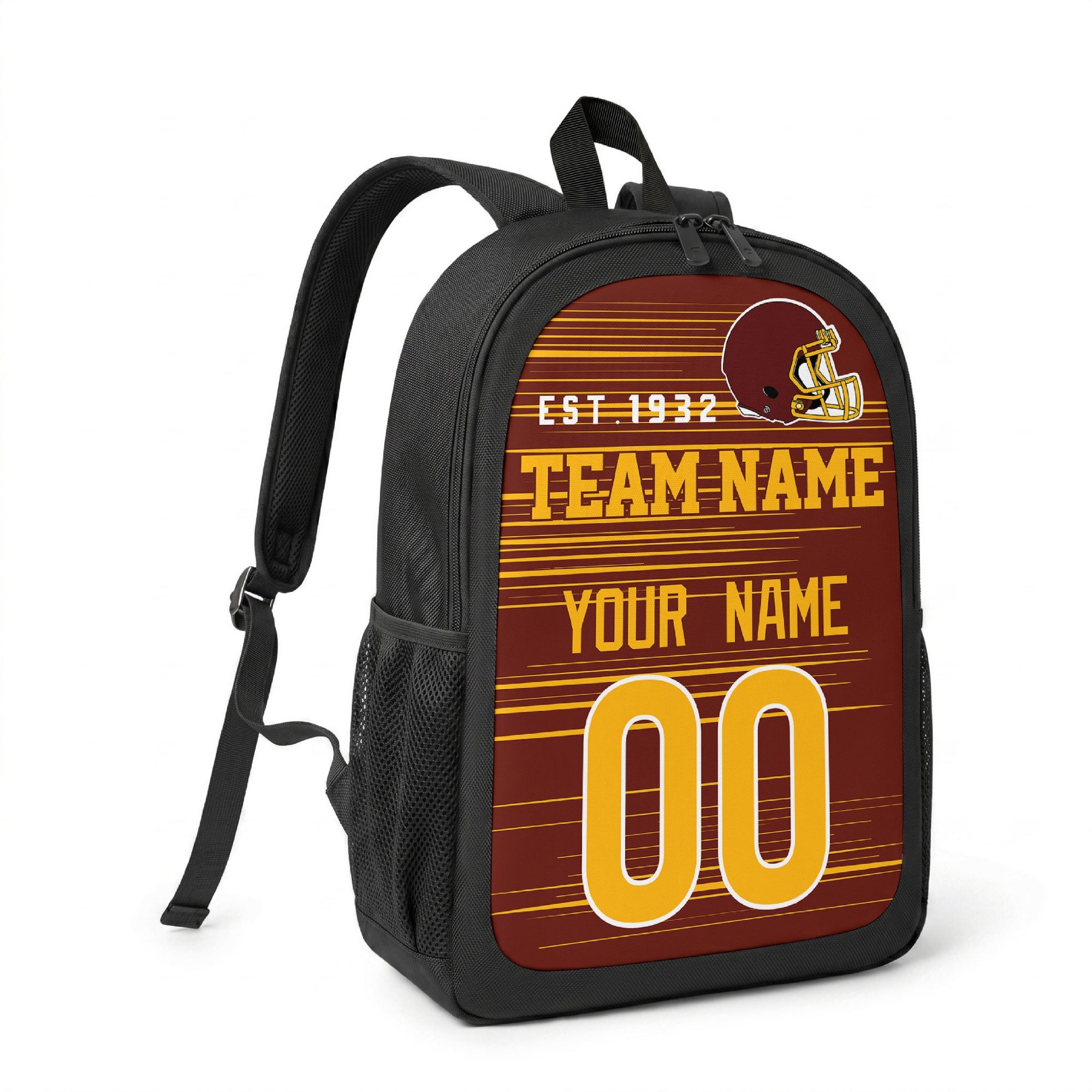 Washington custom name and number football backpack angled side view with black straps