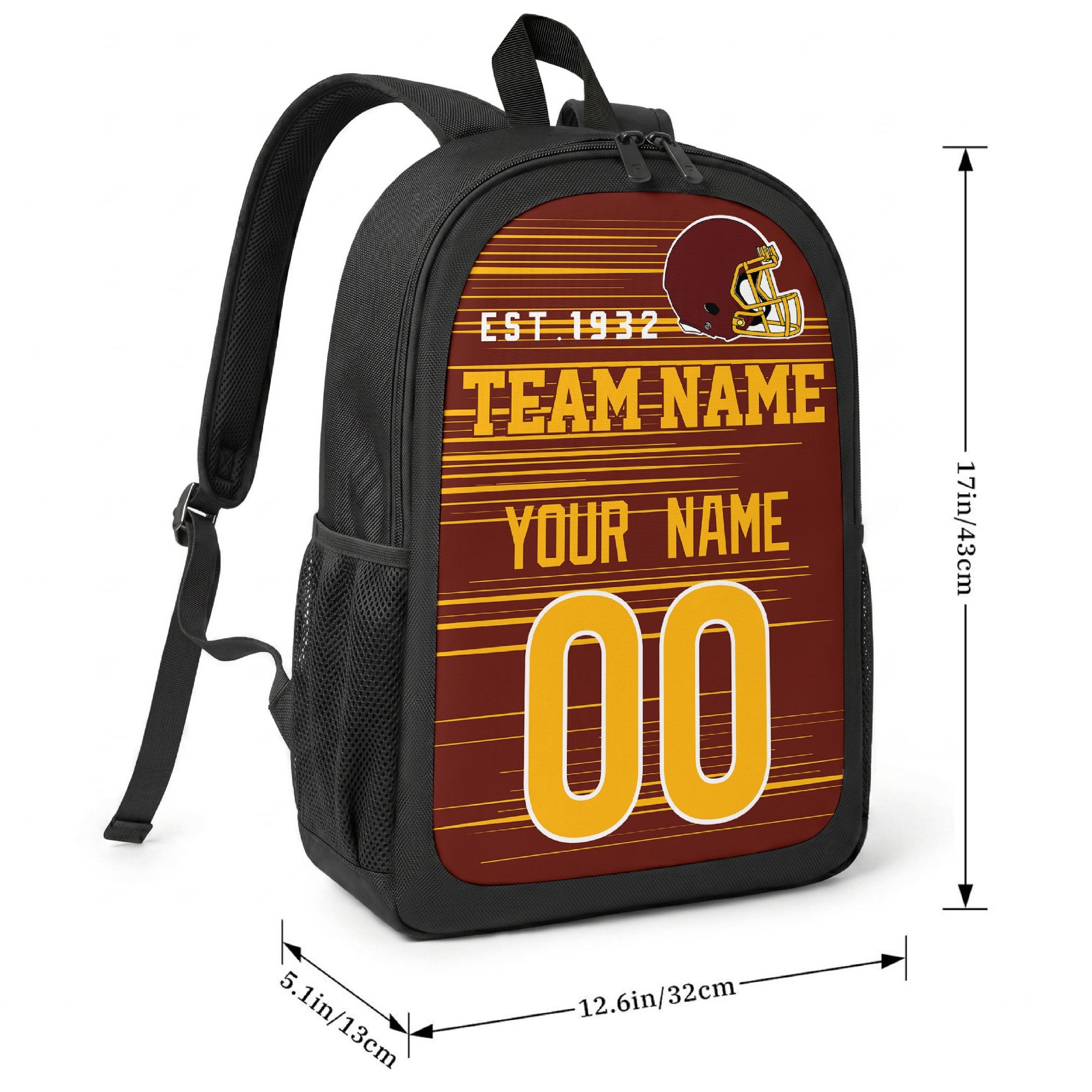 Washington football-inspired backpack size chart showing 17 inch height, 12.6 inch width, and 5.1 inch depth