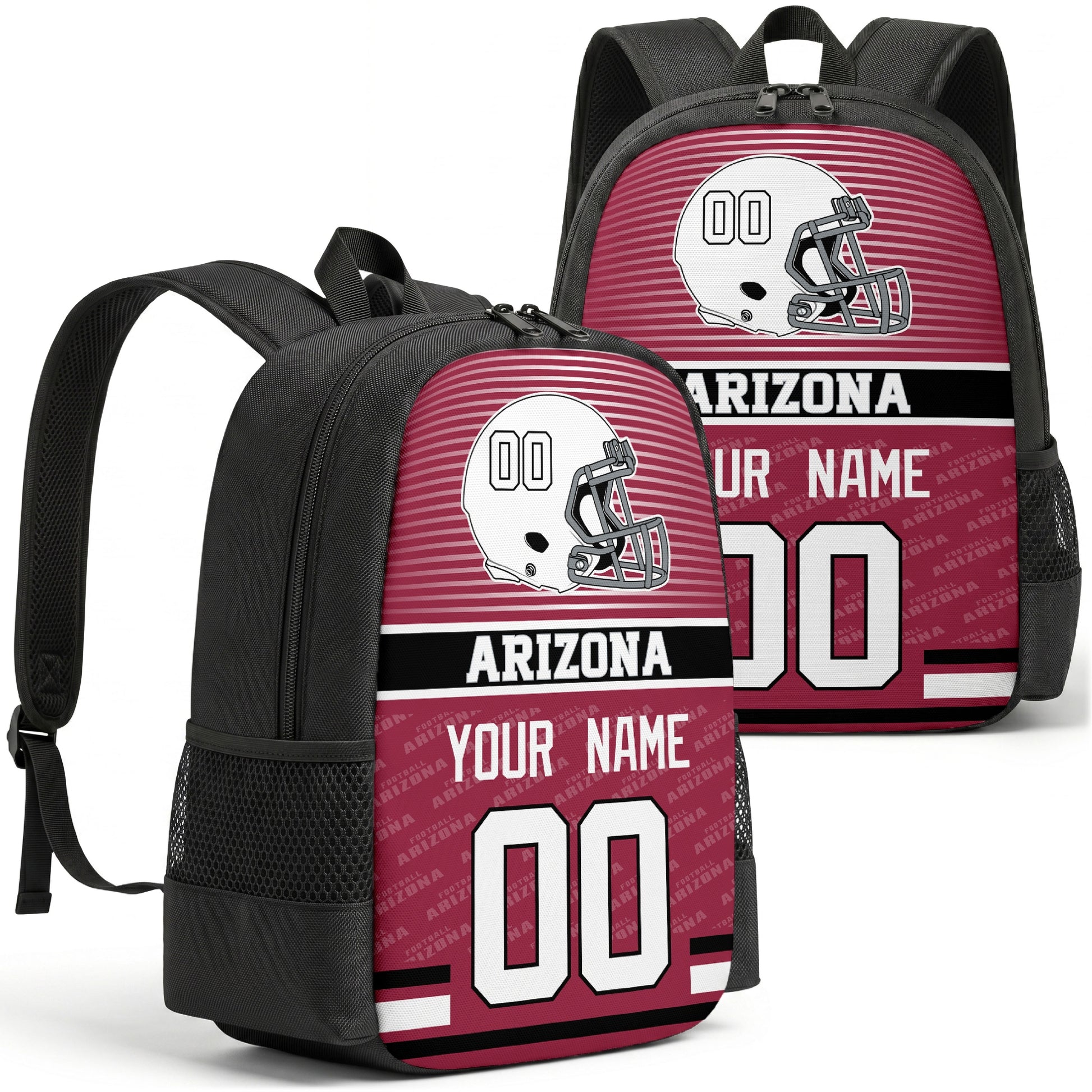 Custom football backpack in Arizona city colors with name and number