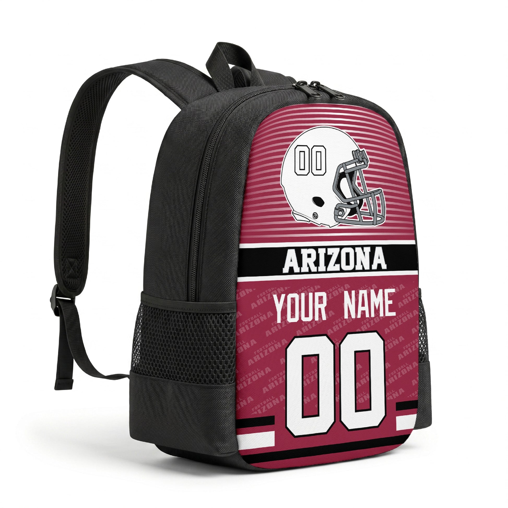 Arizona personalized football backpack angled view with black straps
