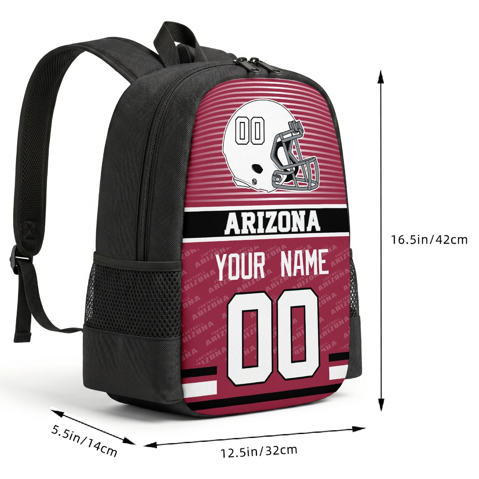 Arizona custom football backpack size chart 16.5 by 12.5 by 5.5 inches
