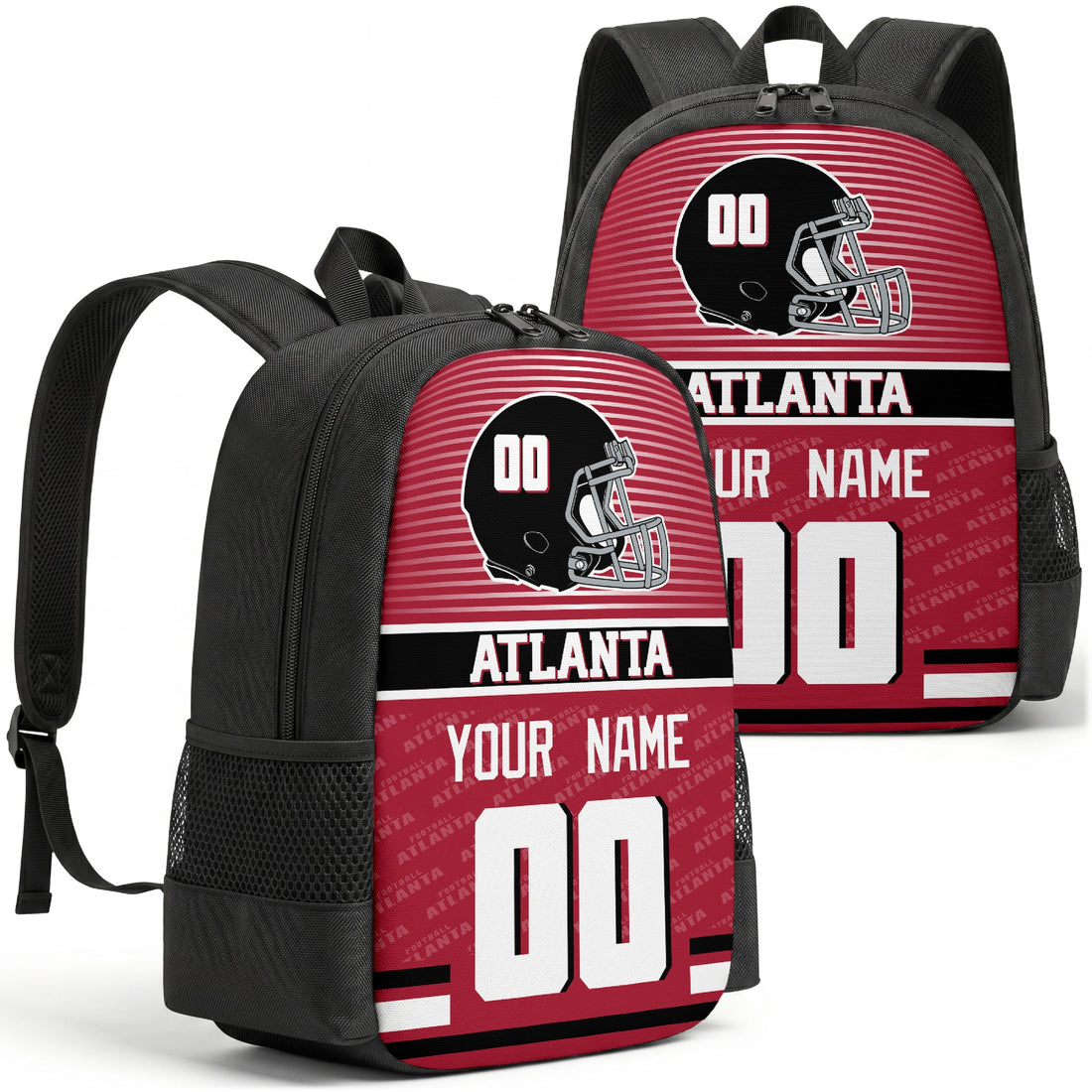 Custom football backpack in Atlanta city colors with name and number