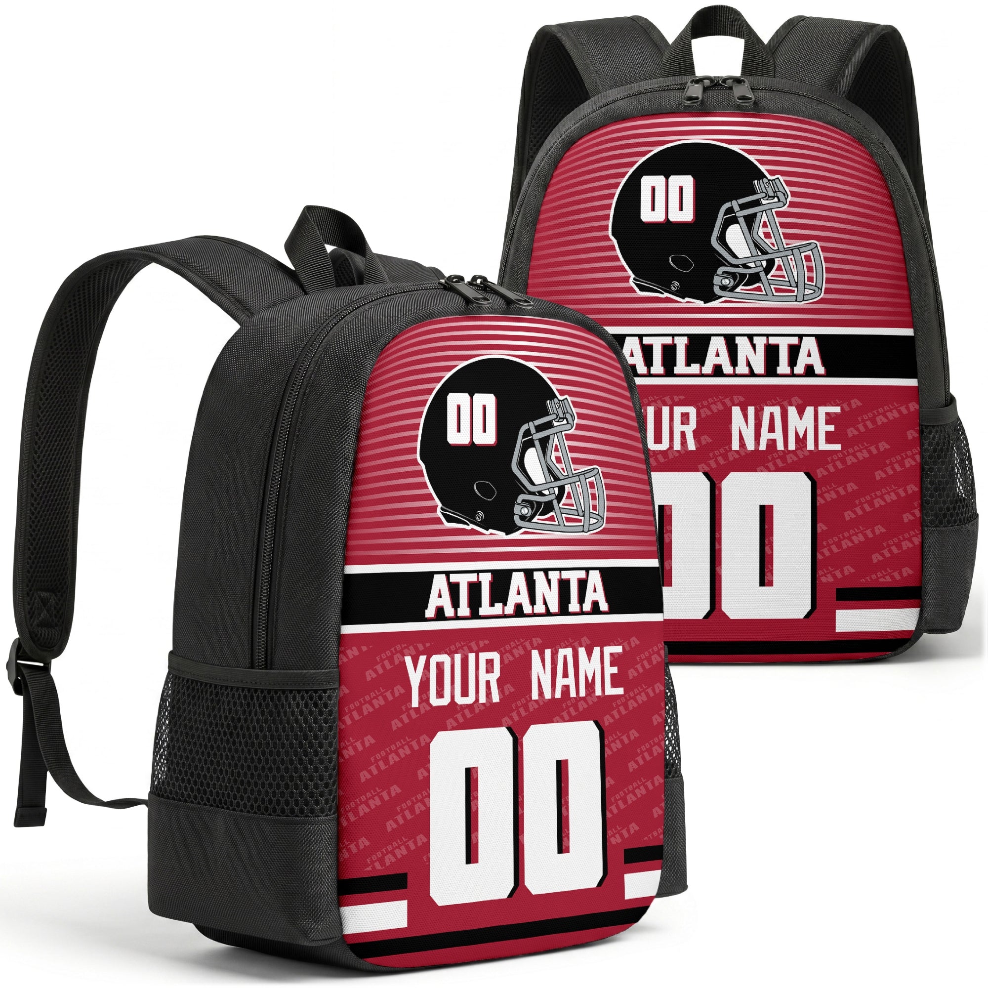 Custom football backpack in Atlanta city colors with name and number