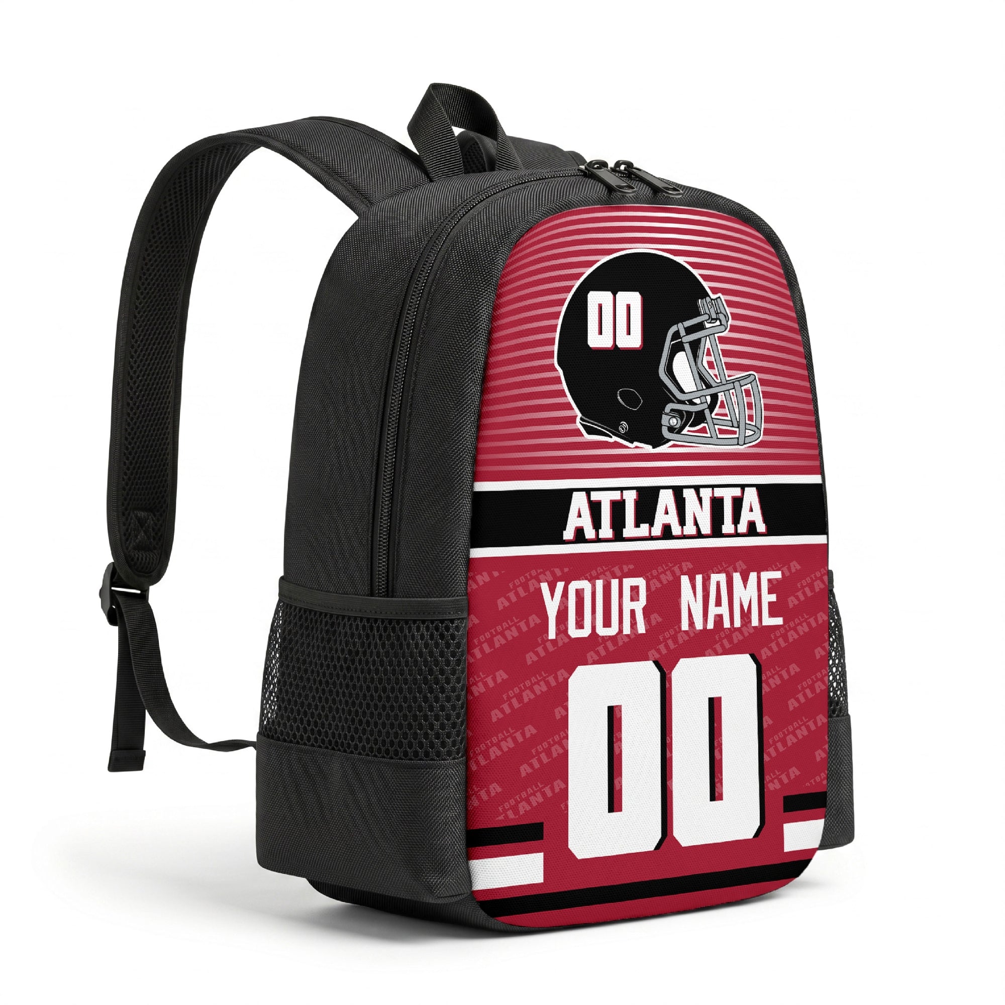 Atlanta personalized football backpack angled view with black straps