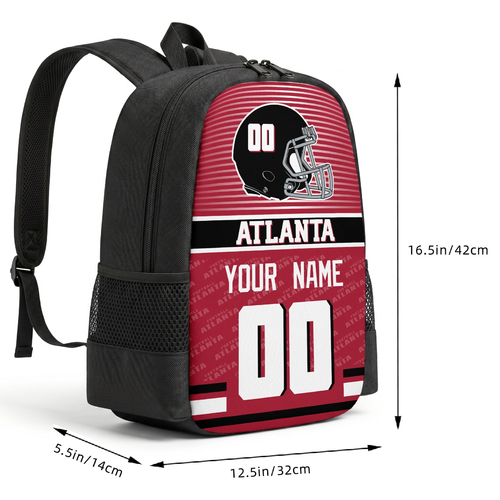 Atlanta custom football backpack size chart 16.5 by 12.5 by 5.5 inches