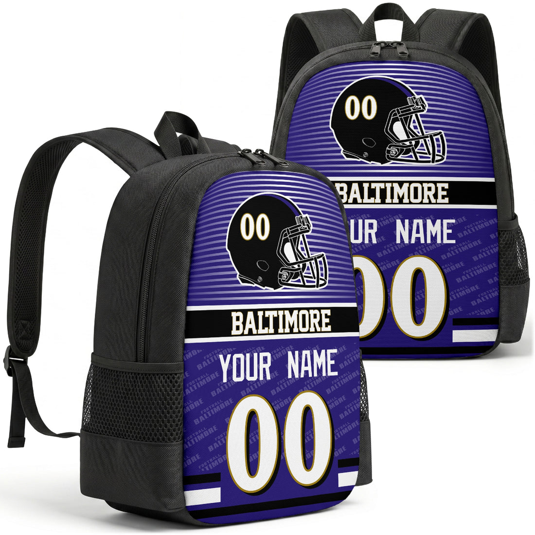 Custom football backpack in Baltimore city colors with name and number