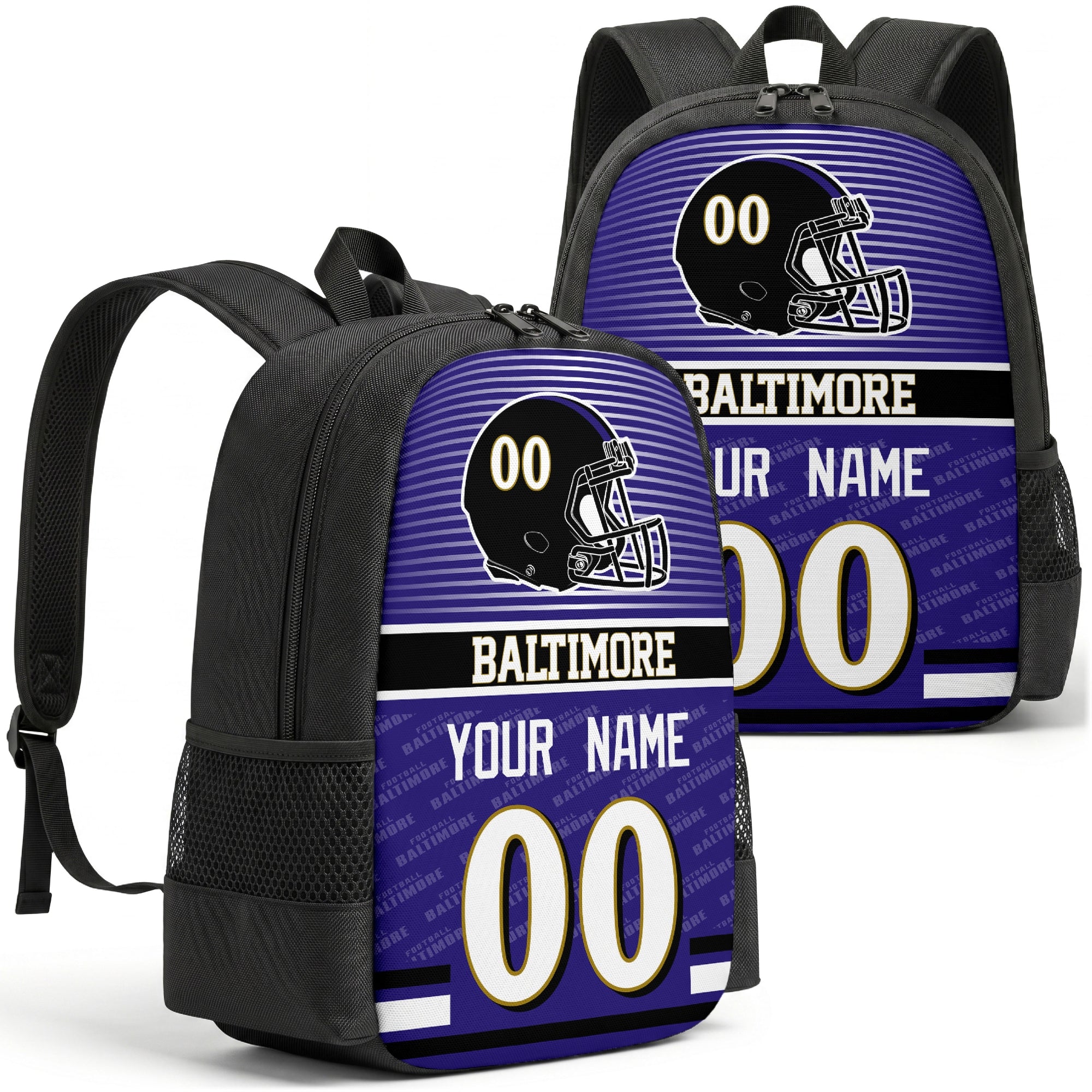 Custom football backpack in Baltimore city colors with name and number