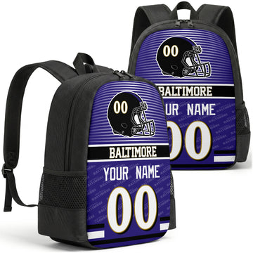 Custom football backpack in Baltimore city colors with name and number