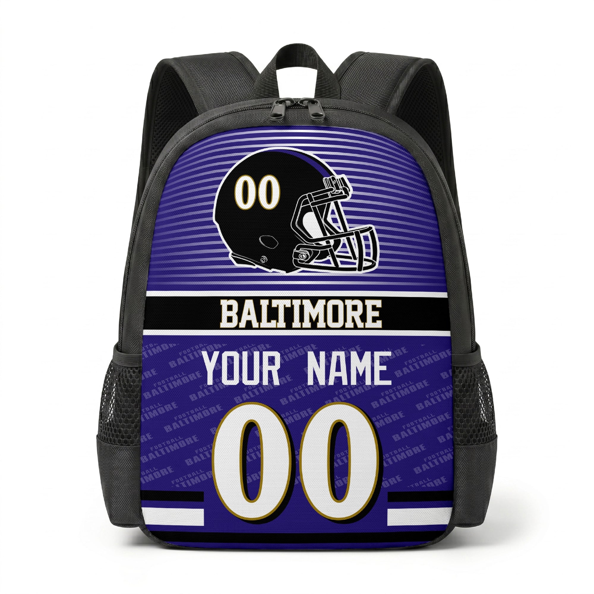 Baltimore city color football backpack front view with helmet graphic