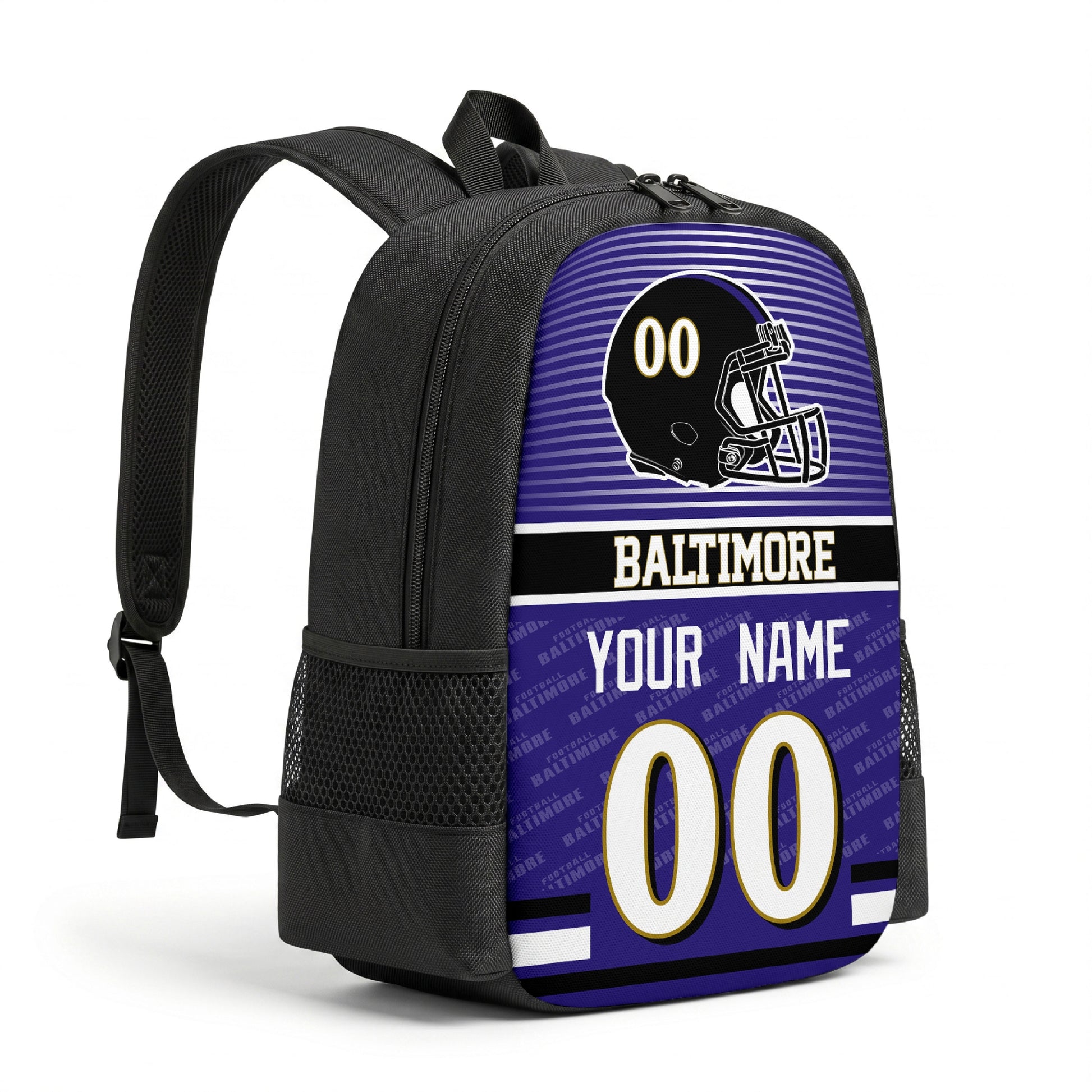 Baltimore personalized football backpack angled view with black straps