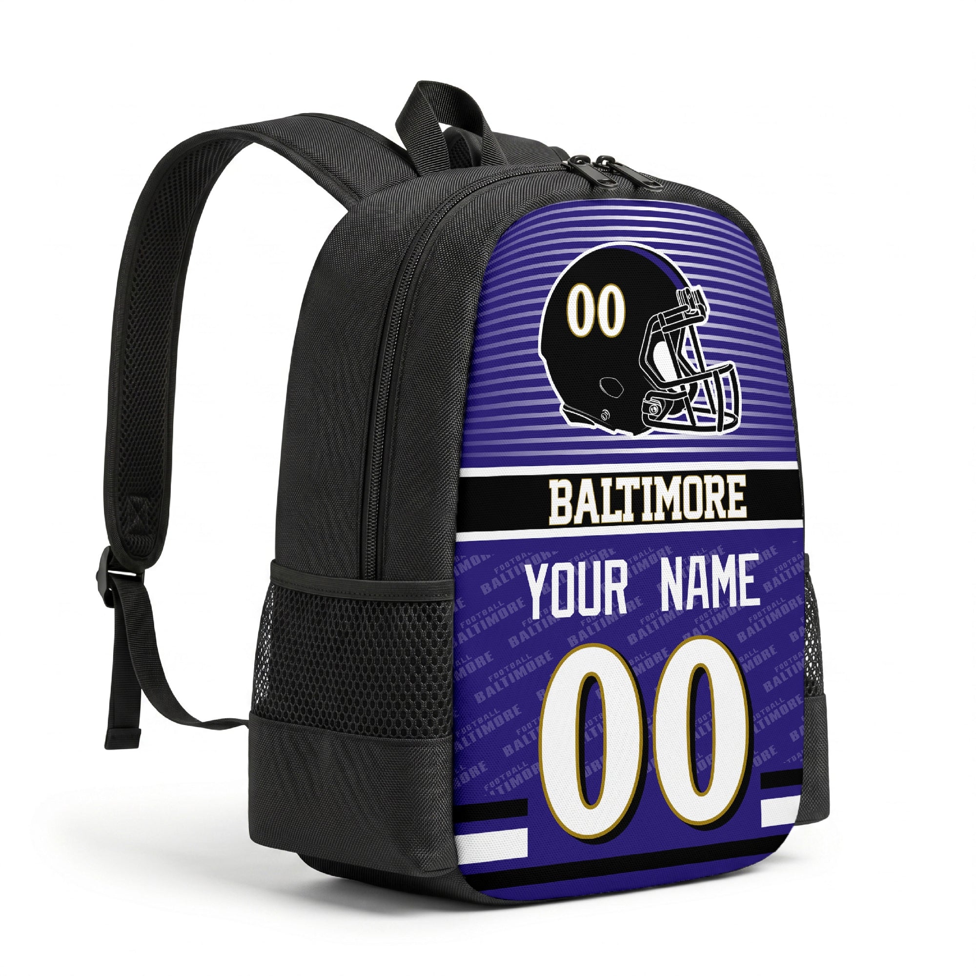 Baltimore personalized football backpack angled view with black straps