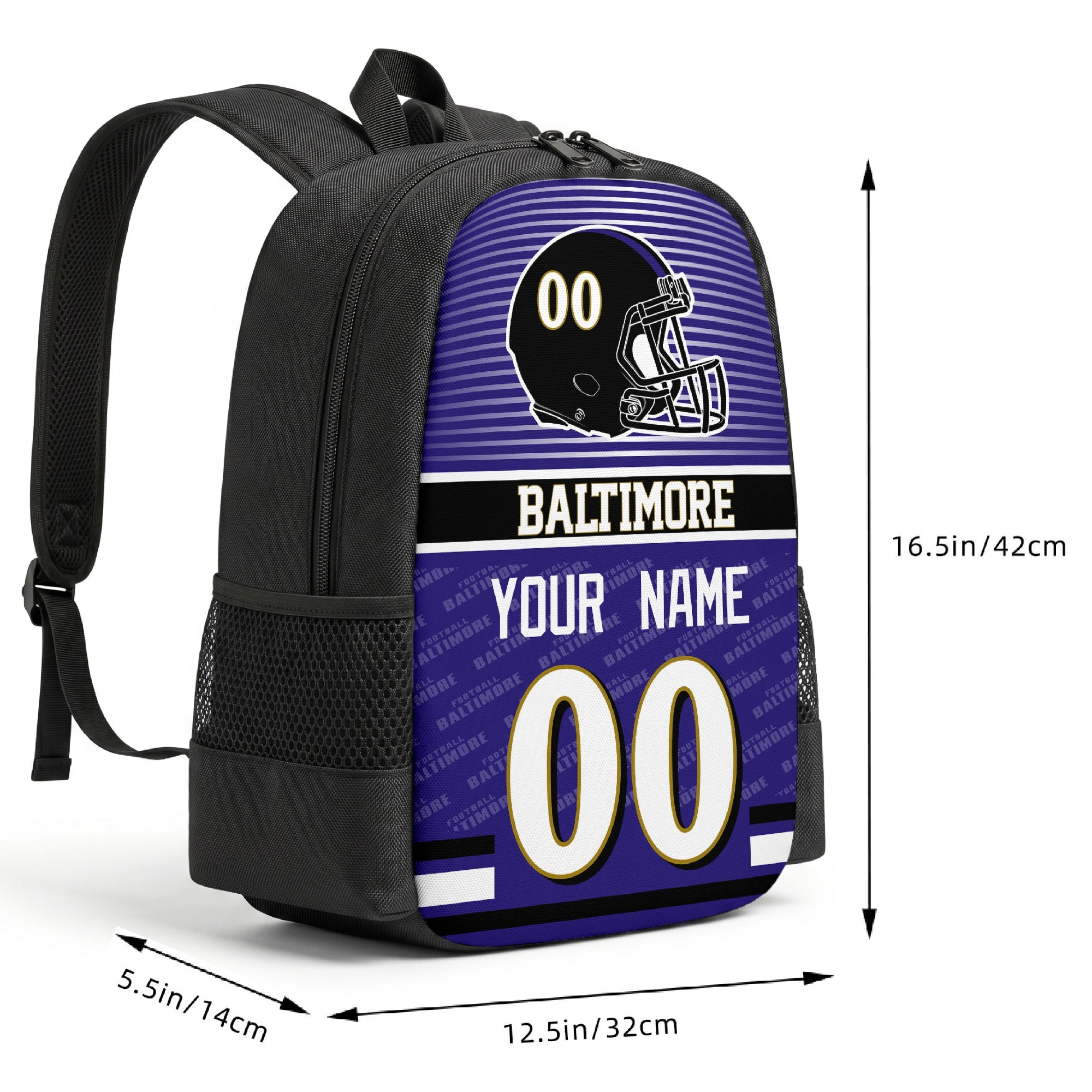 Baltimore custom football backpack size chart 16.5 by 12.5 by 5.5 inches