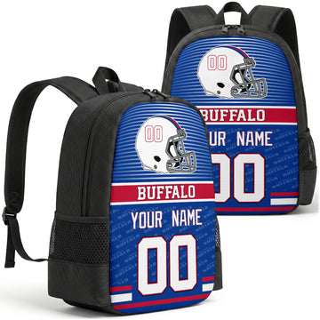 Custom football backpack in Buffalo city colors with name and number
