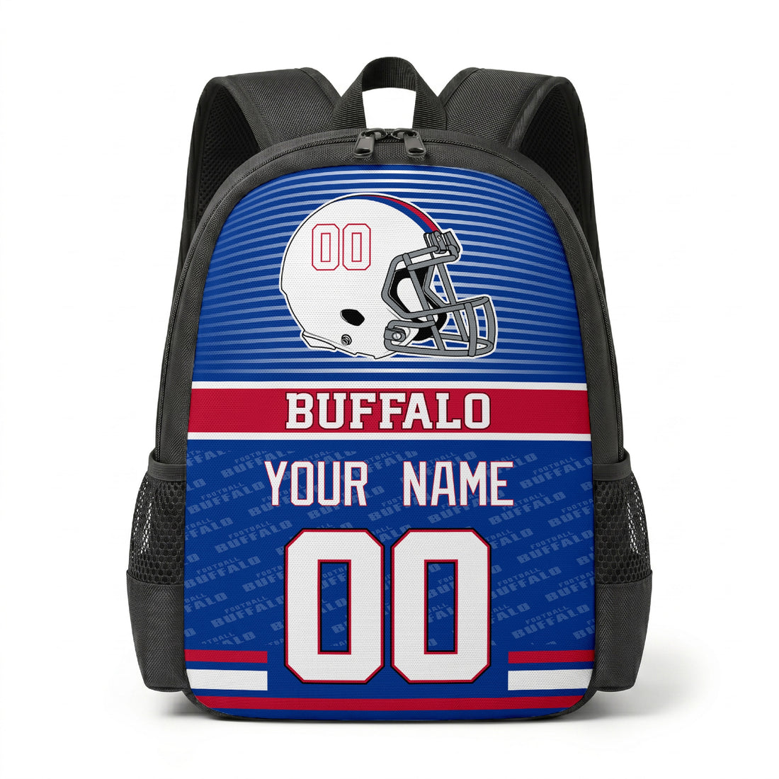 Custom football backpack in Buffalo city colors with name and number