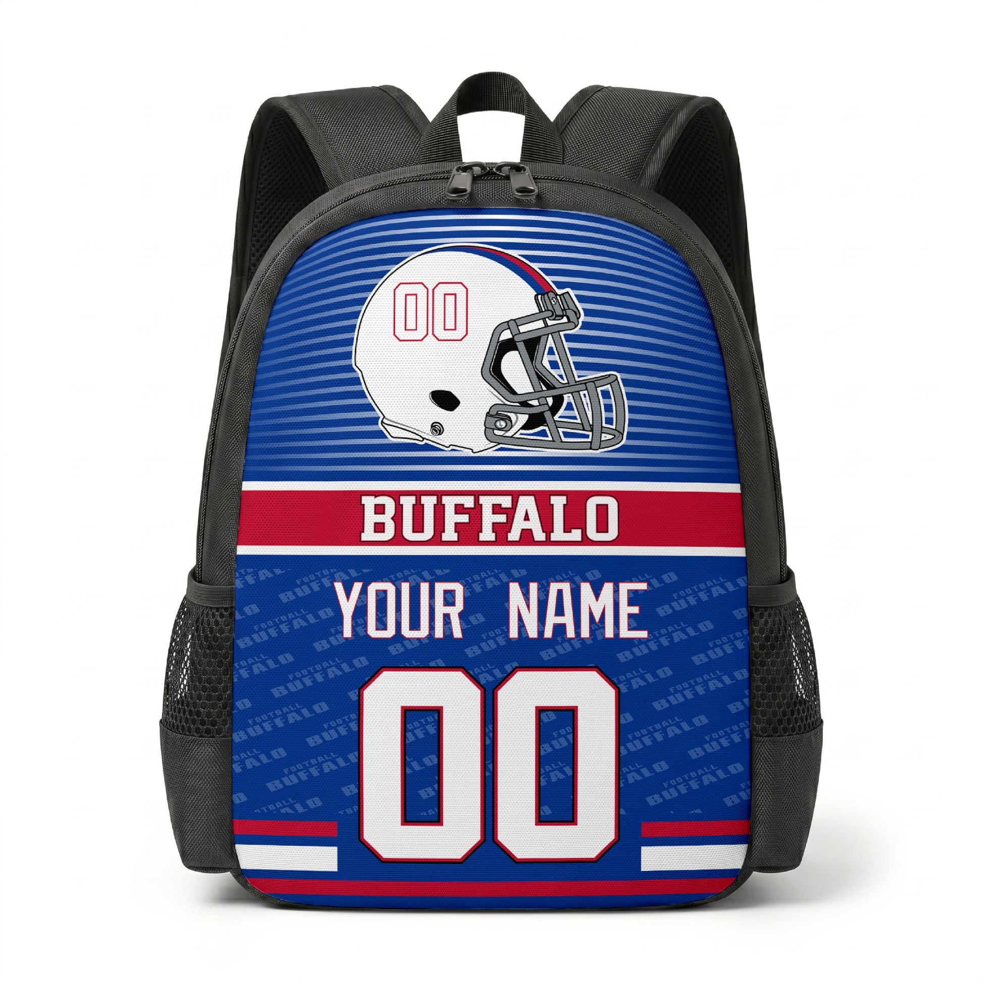 Buffalo city color football backpack front view with helmet graphic