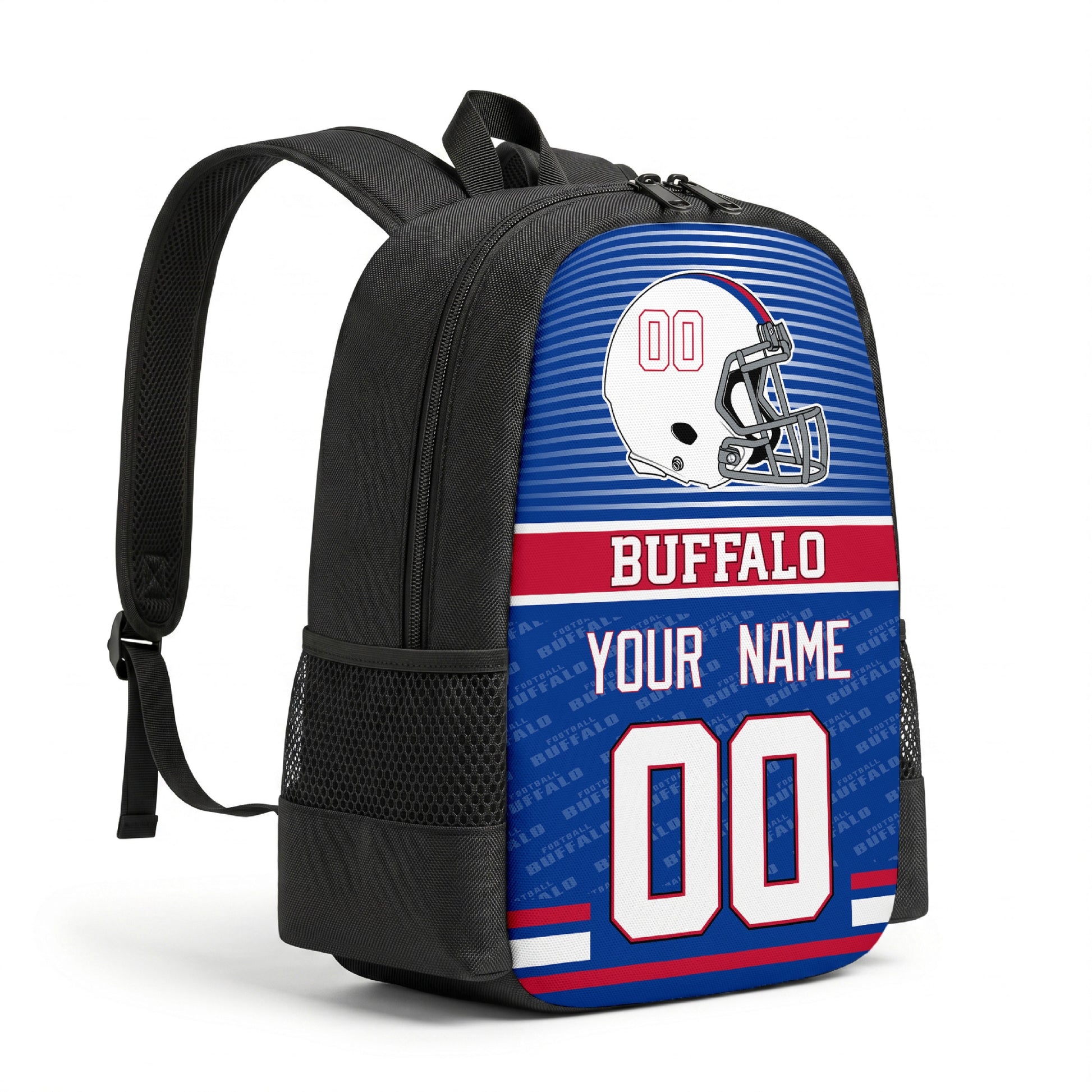 Buffalo personalized football backpack angled view with black straps