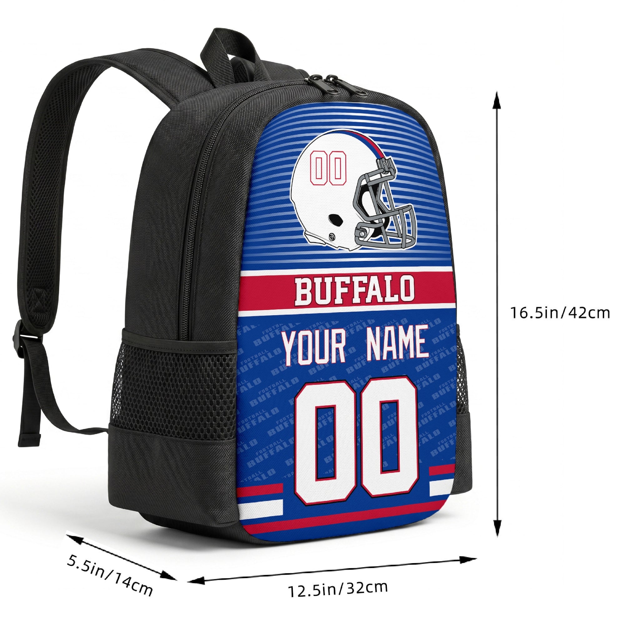 Buffalo custom football backpack size chart 16.5 by 12.5 by 5.5 inches