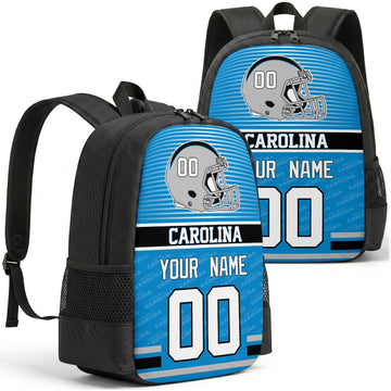 Custom football backpack in Carolina city colors with name and number