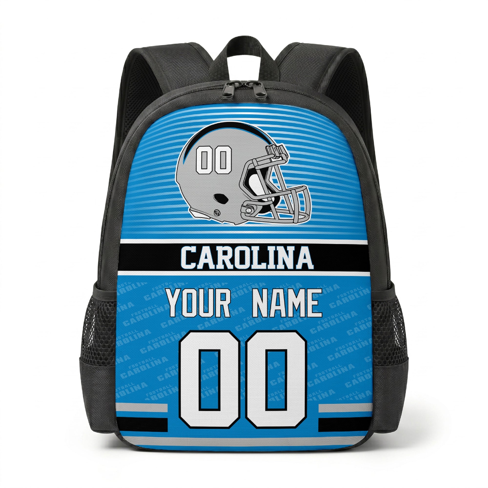 Carolina city color football backpack front view with helmet graphic