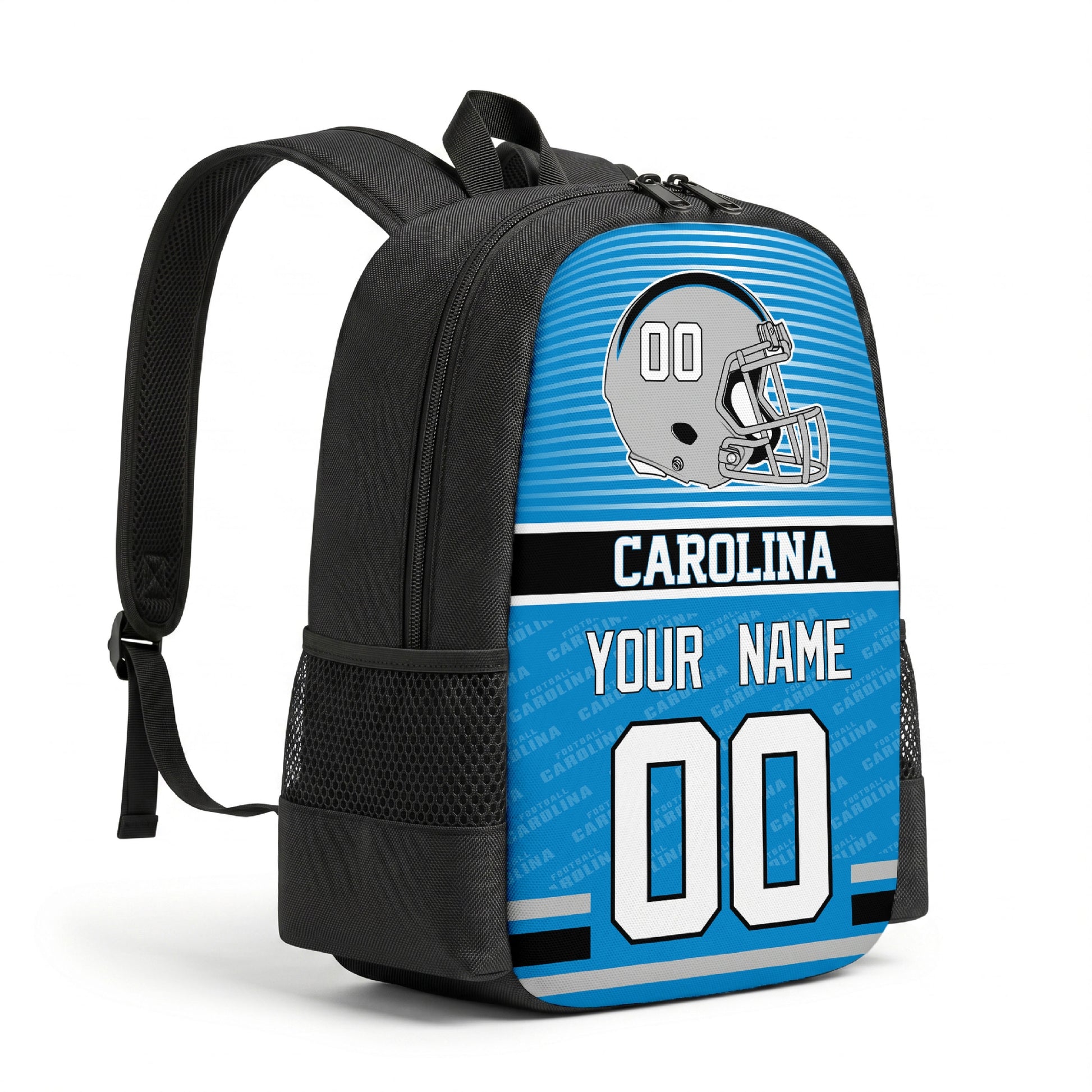 Carolina personalized football backpack angled view with black straps