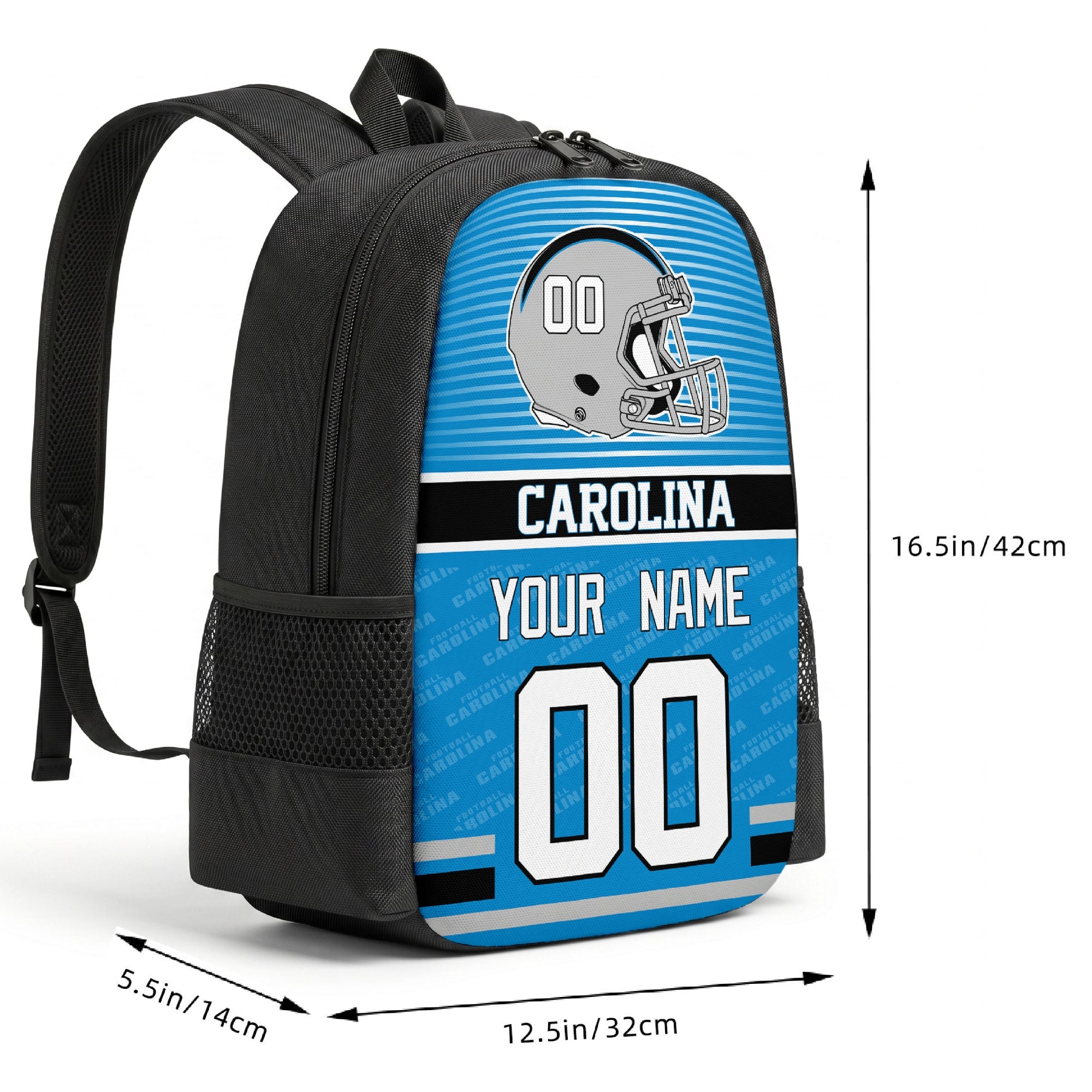 Carolina custom football backpack size chart 16.5 by 12.5 by 5.5 inches