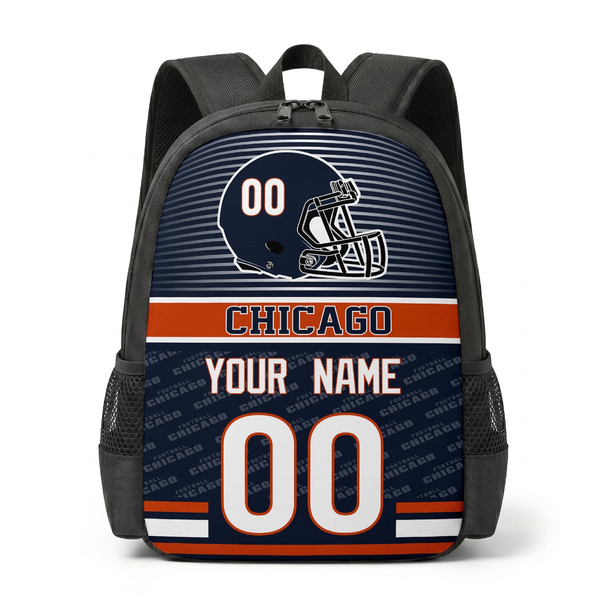 Chicago city color football backpack front view with helmet graphic