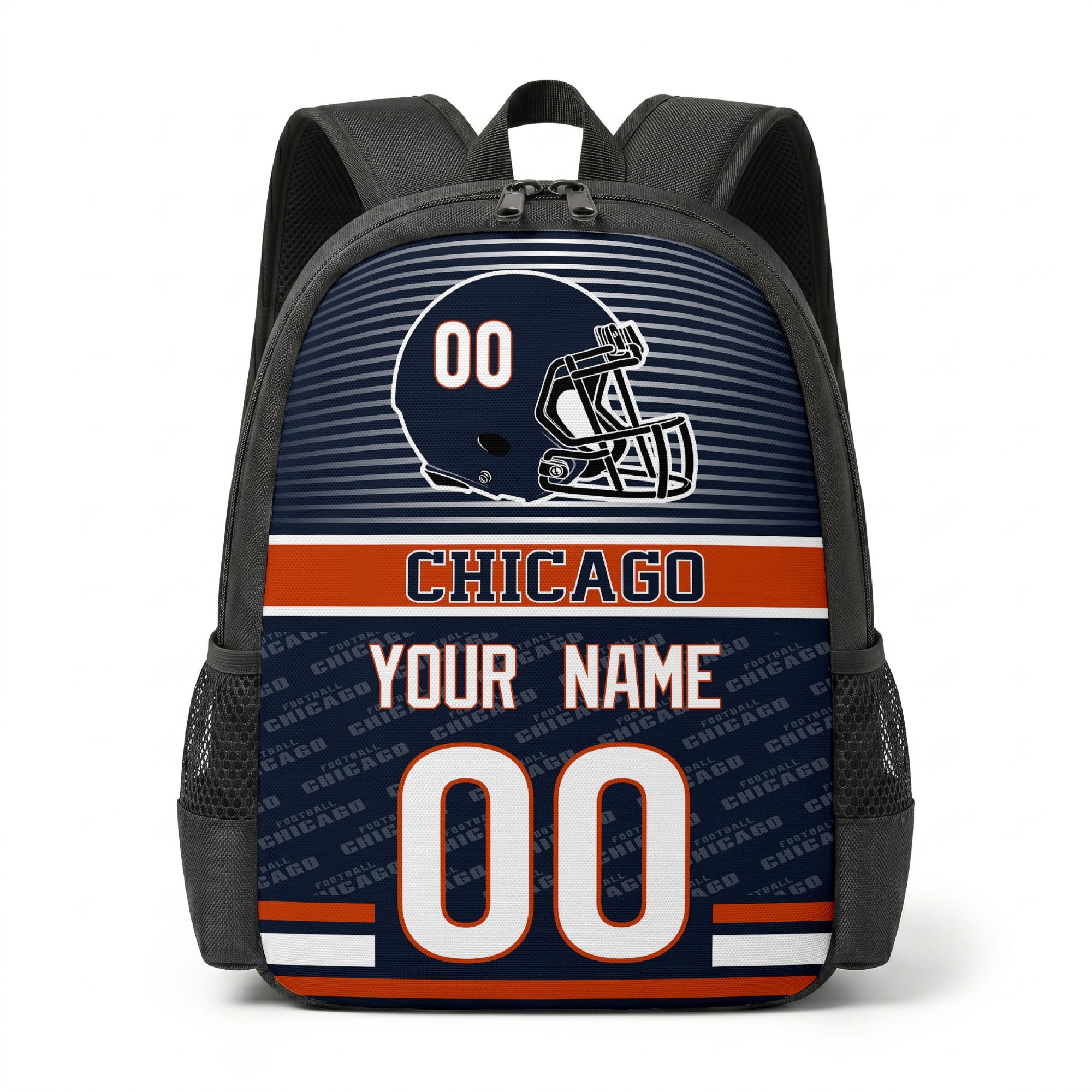 Chicago city color football backpack front view with helmet graphic