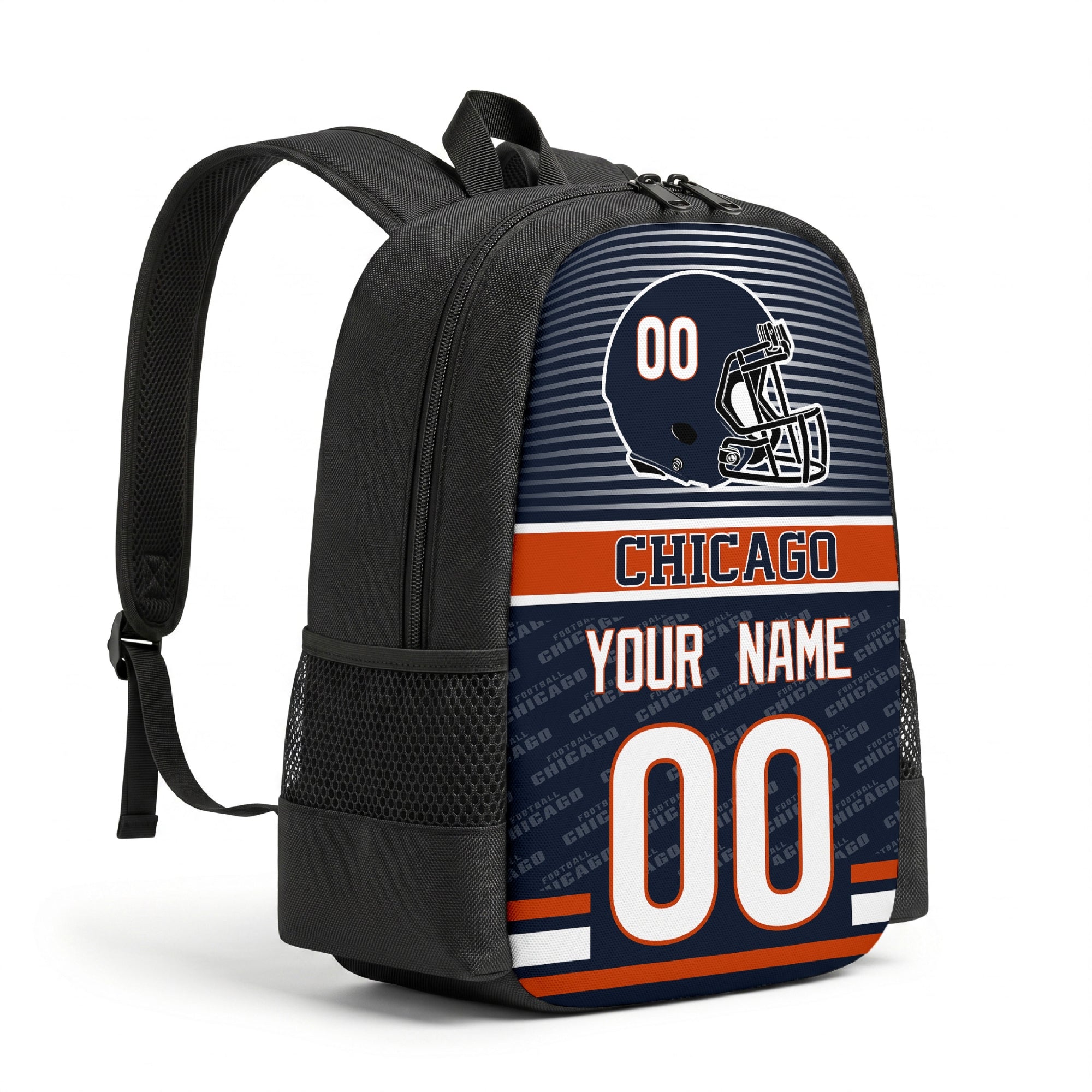 Chicago personalized football backpack angled view with black straps