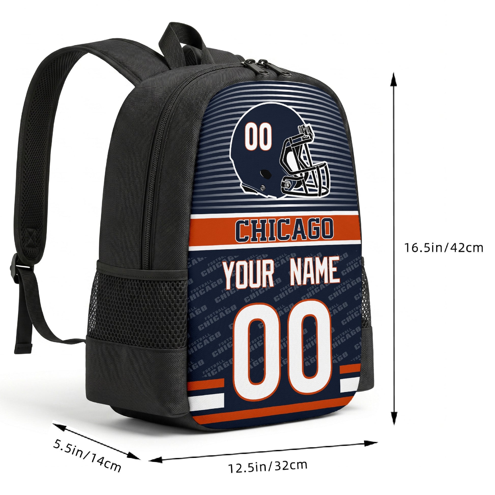 Chicago custom football backpack size chart 16.5 by 12.5 by 5.5 inches