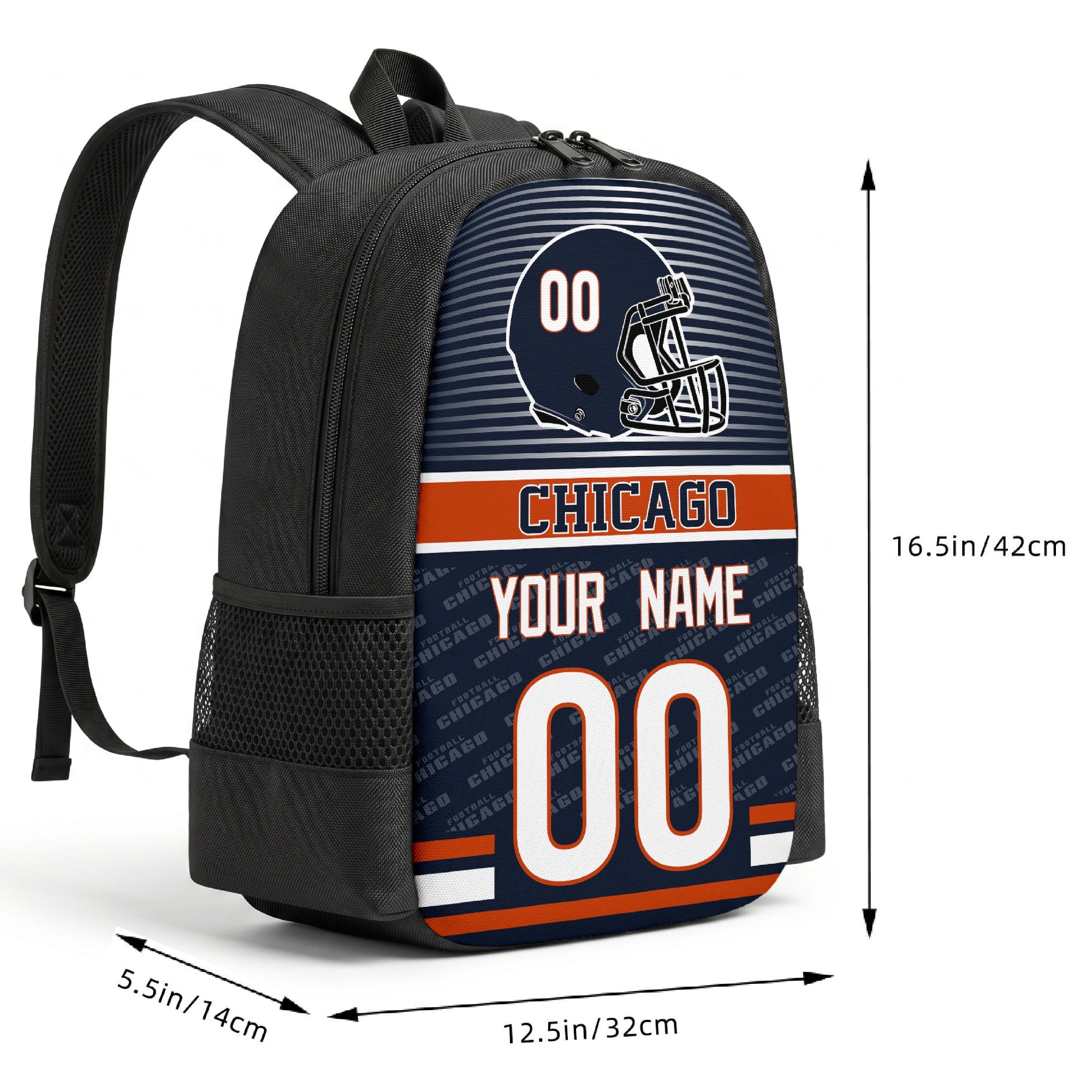 Chicago custom football backpack size chart 16.5 by 12.5 by 5.5 inches