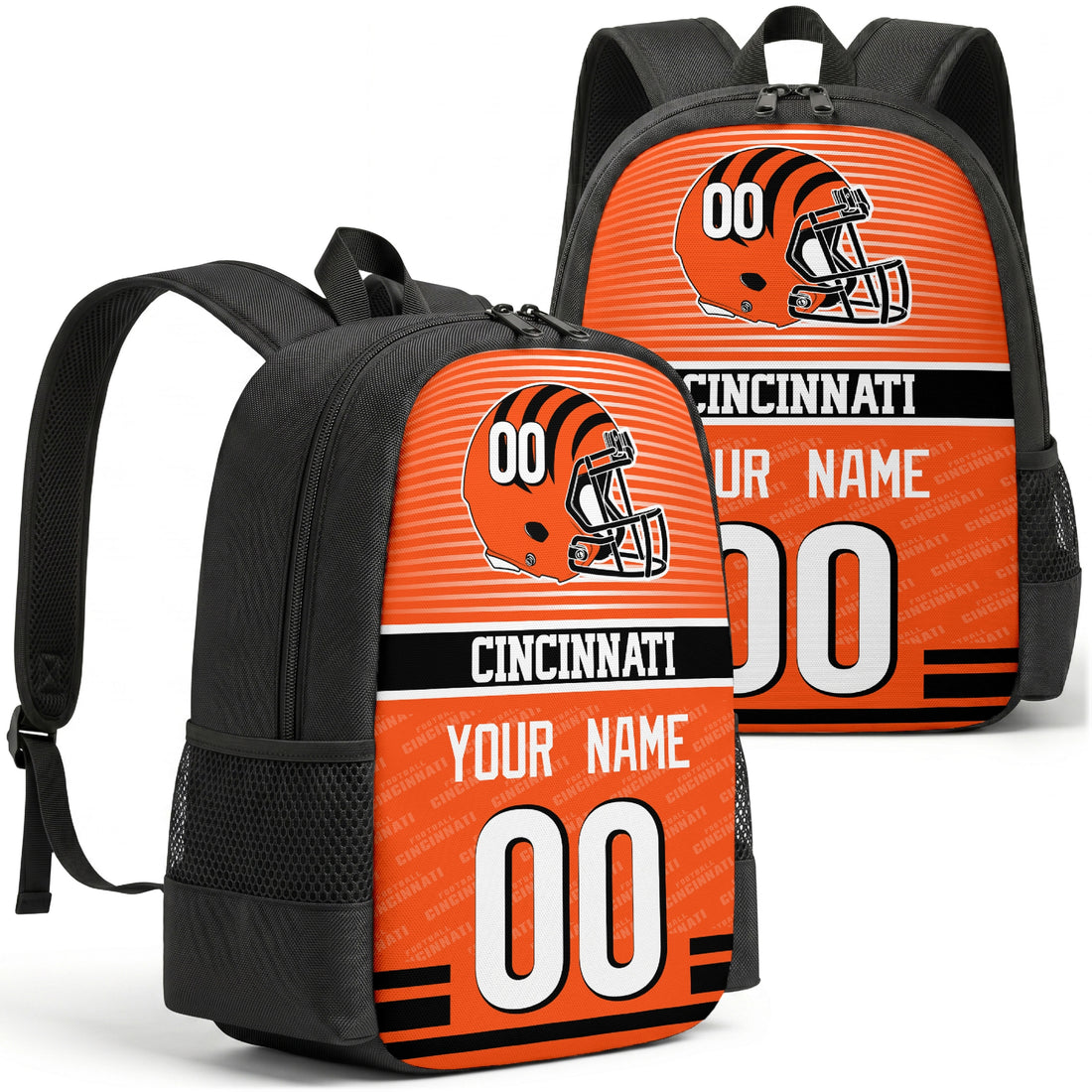 Custom football backpack in Cincinnati city colors with name and number