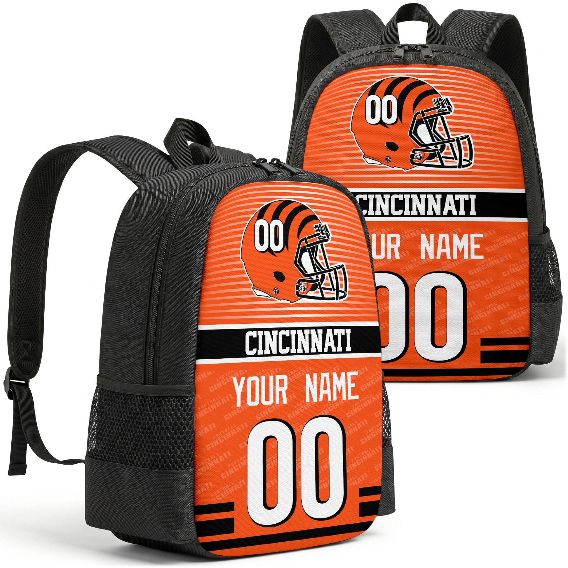Custom football backpack in Cincinnati city colors with name and number