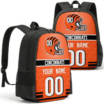 Custom football backpack in Cincinnati city colors with name and number