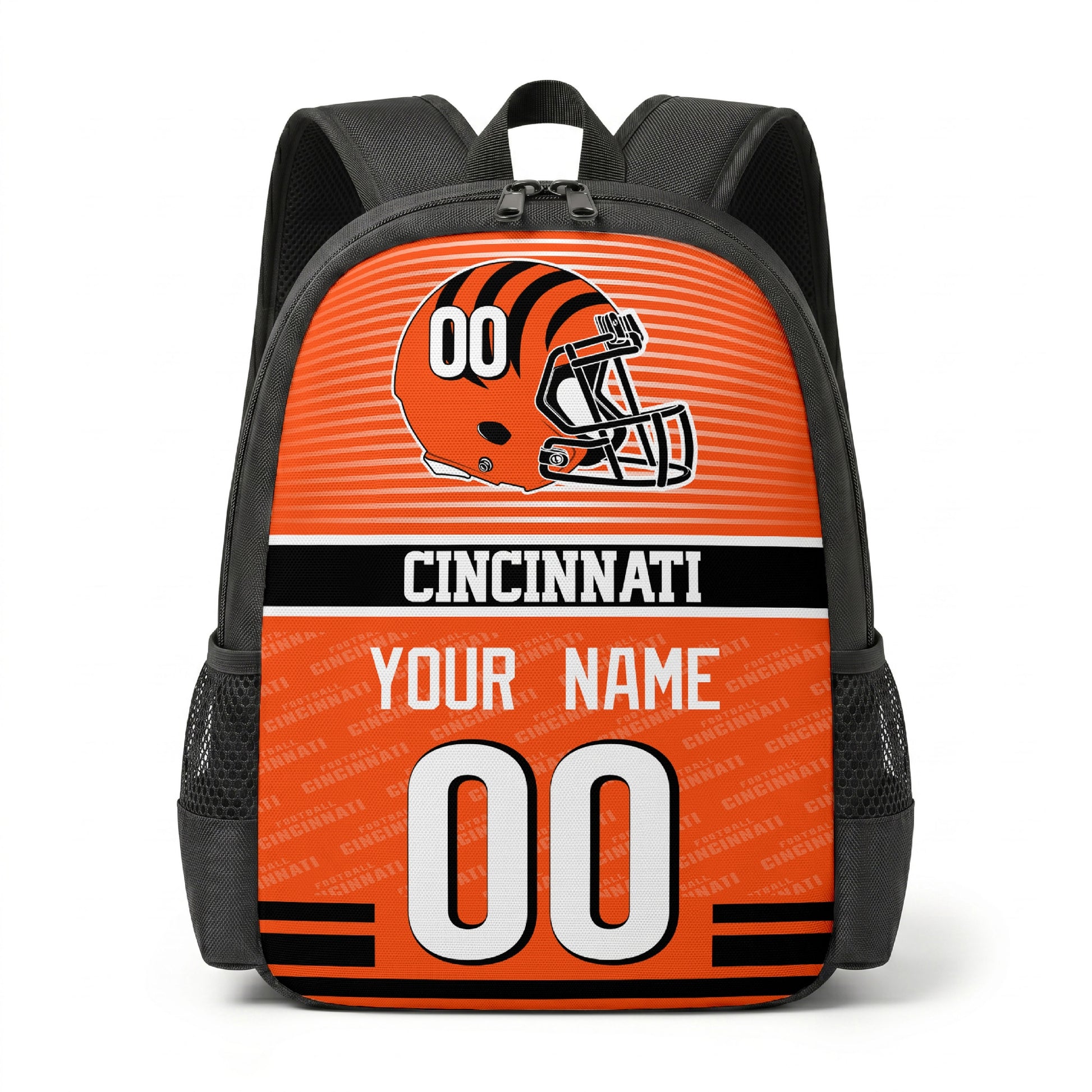 Cincinnati city color football backpack front view with helmet graphic