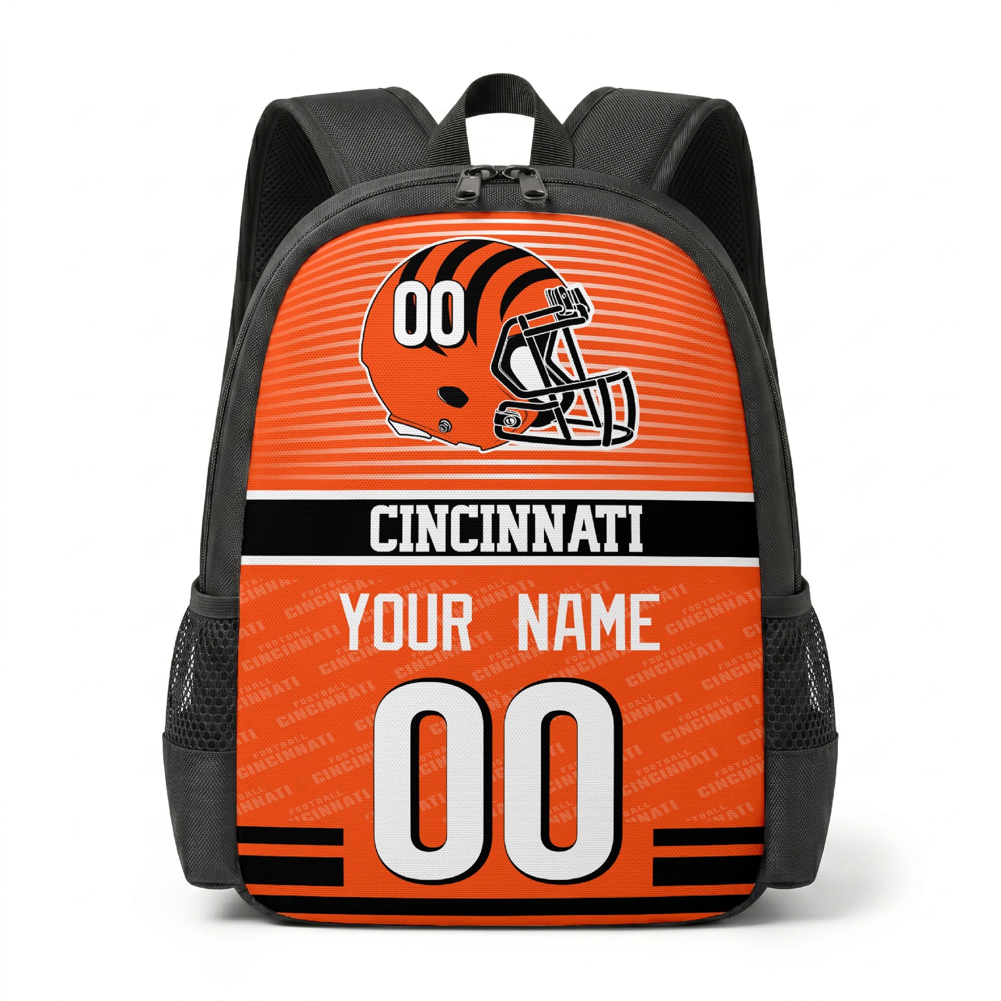 Cincinnati city color football backpack front view with helmet graphic