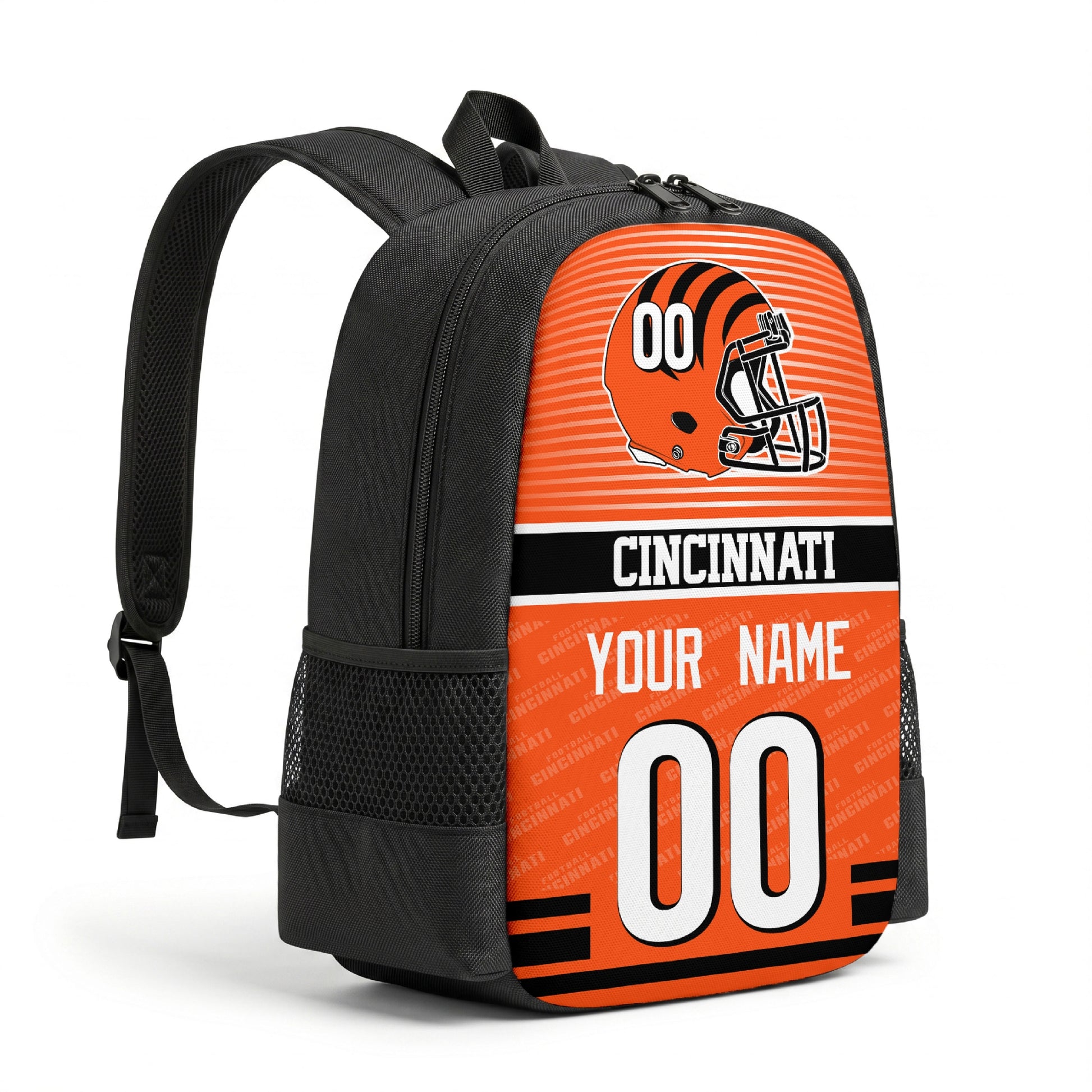 Cincinnati personalized football backpack angled view with black straps
