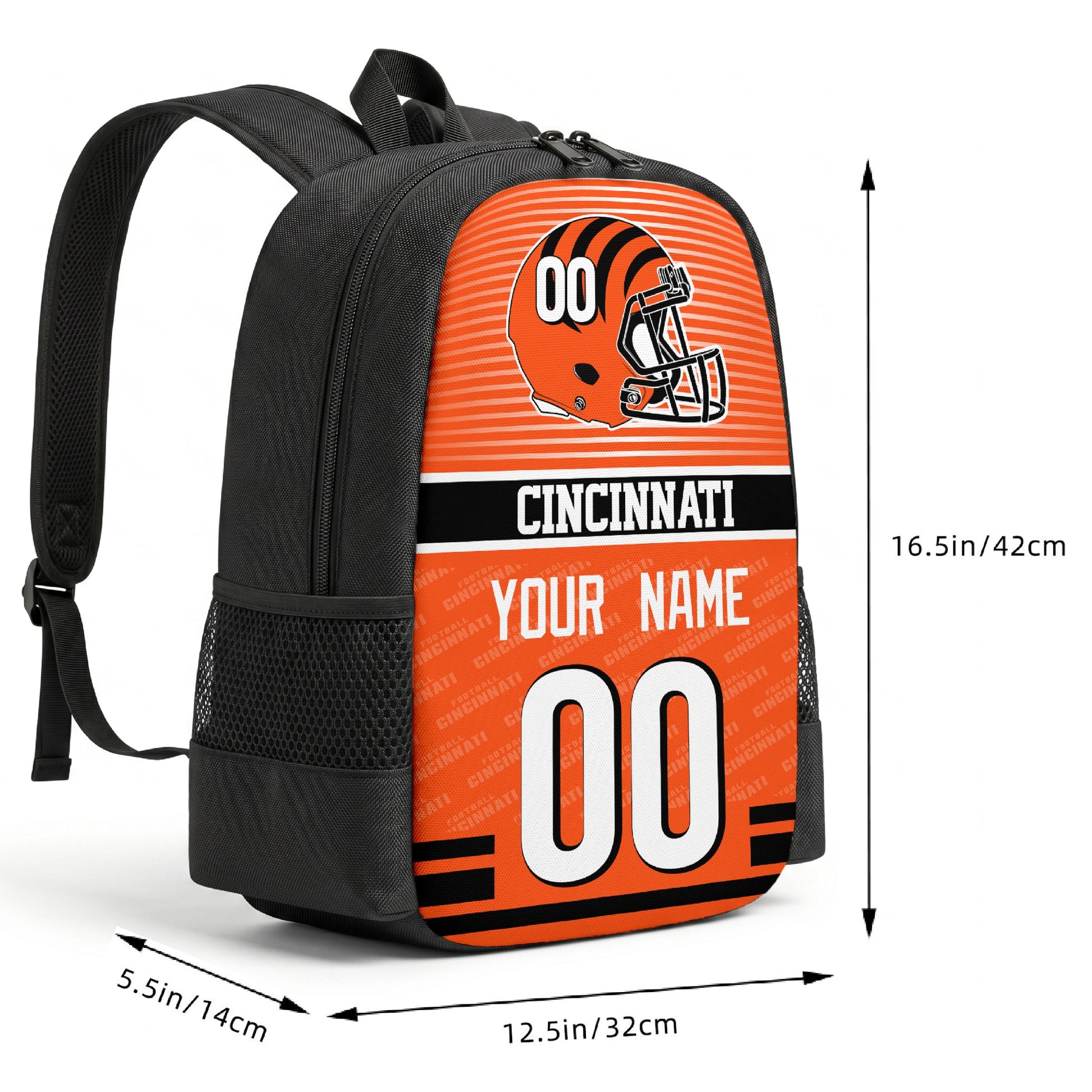 Cincinnati custom football backpack size chart 16.5 by 12.5 by 5.5 inches