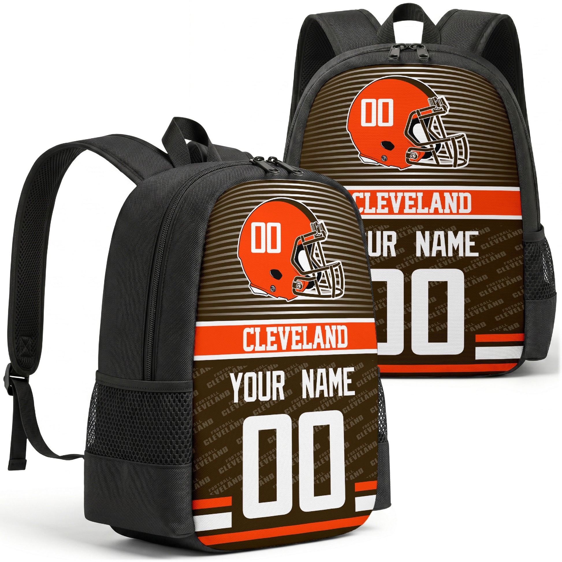 Custom football backpack in Cleveland city colors with name and number