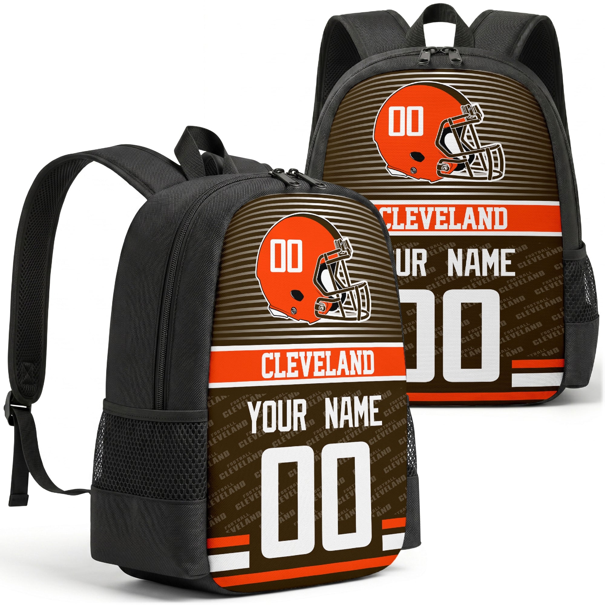 Custom football backpack in Cleveland city colors with name and number