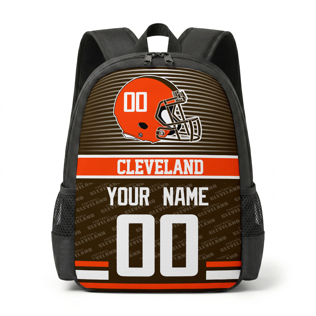 Custom football backpack in Cleveland city colors with name and number