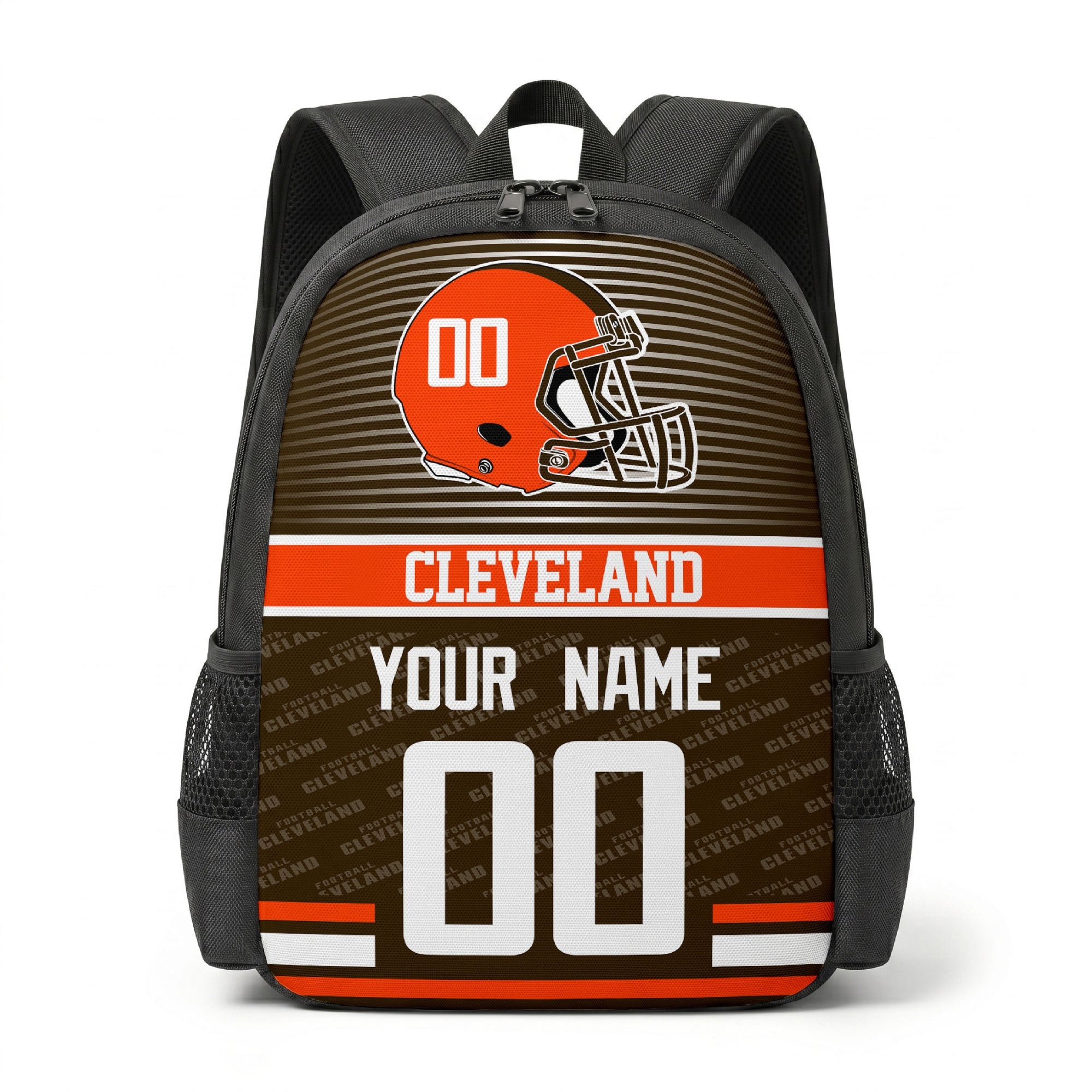 Cleveland city color football backpack front view with helmet graphic