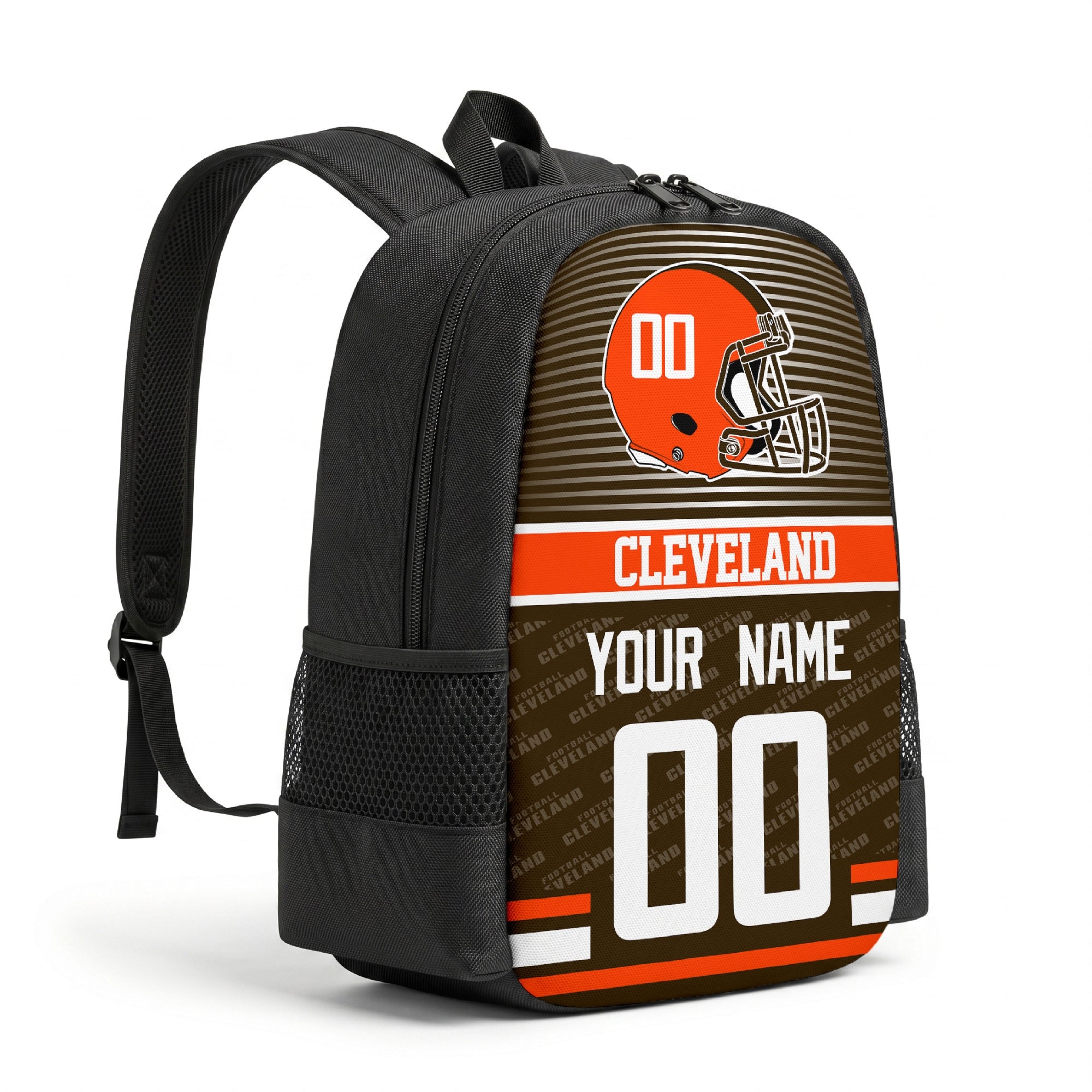 Cleveland personalized football backpack angled view with black straps