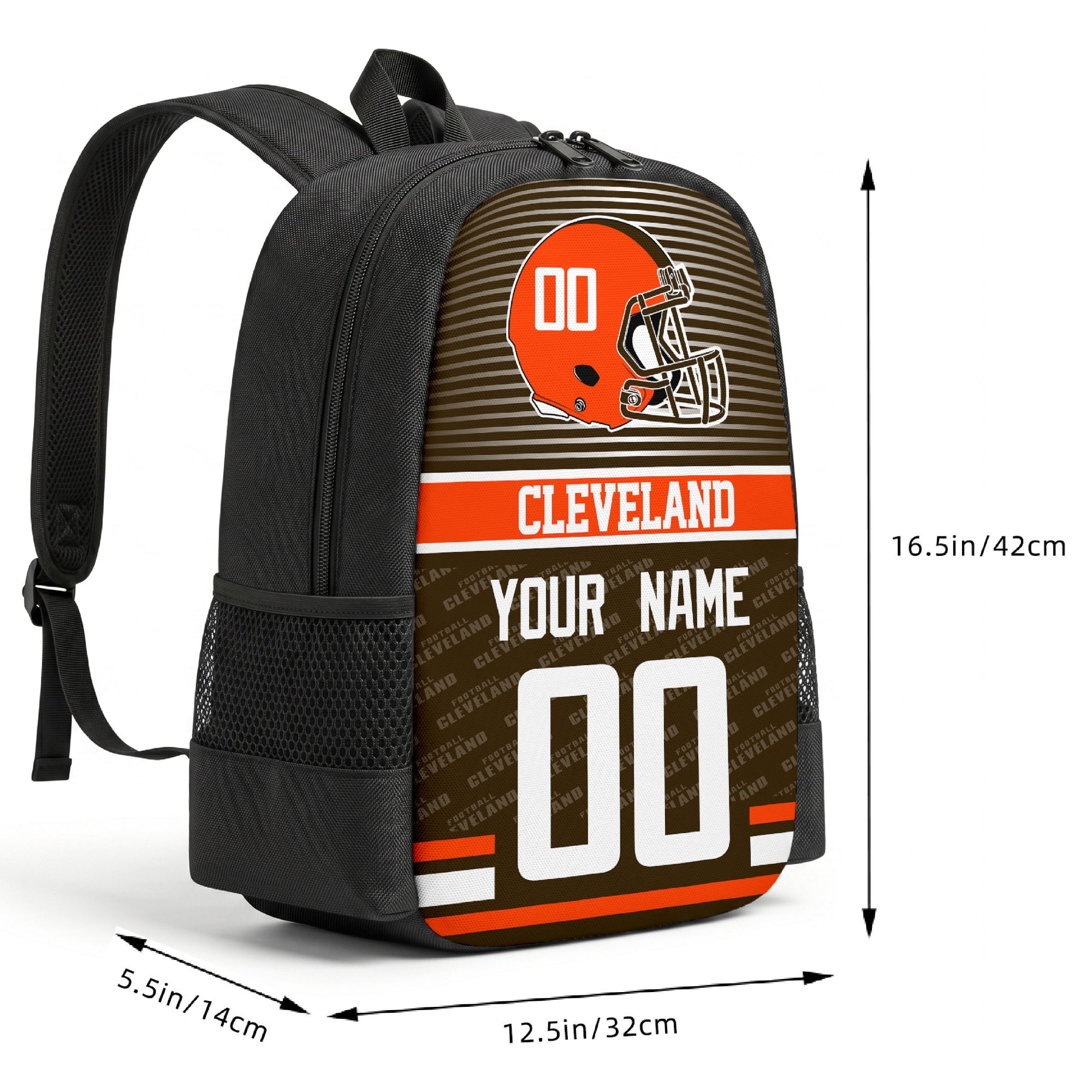 Cleveland custom football backpack size chart 16.5 by 12.5 by 5.5 inches