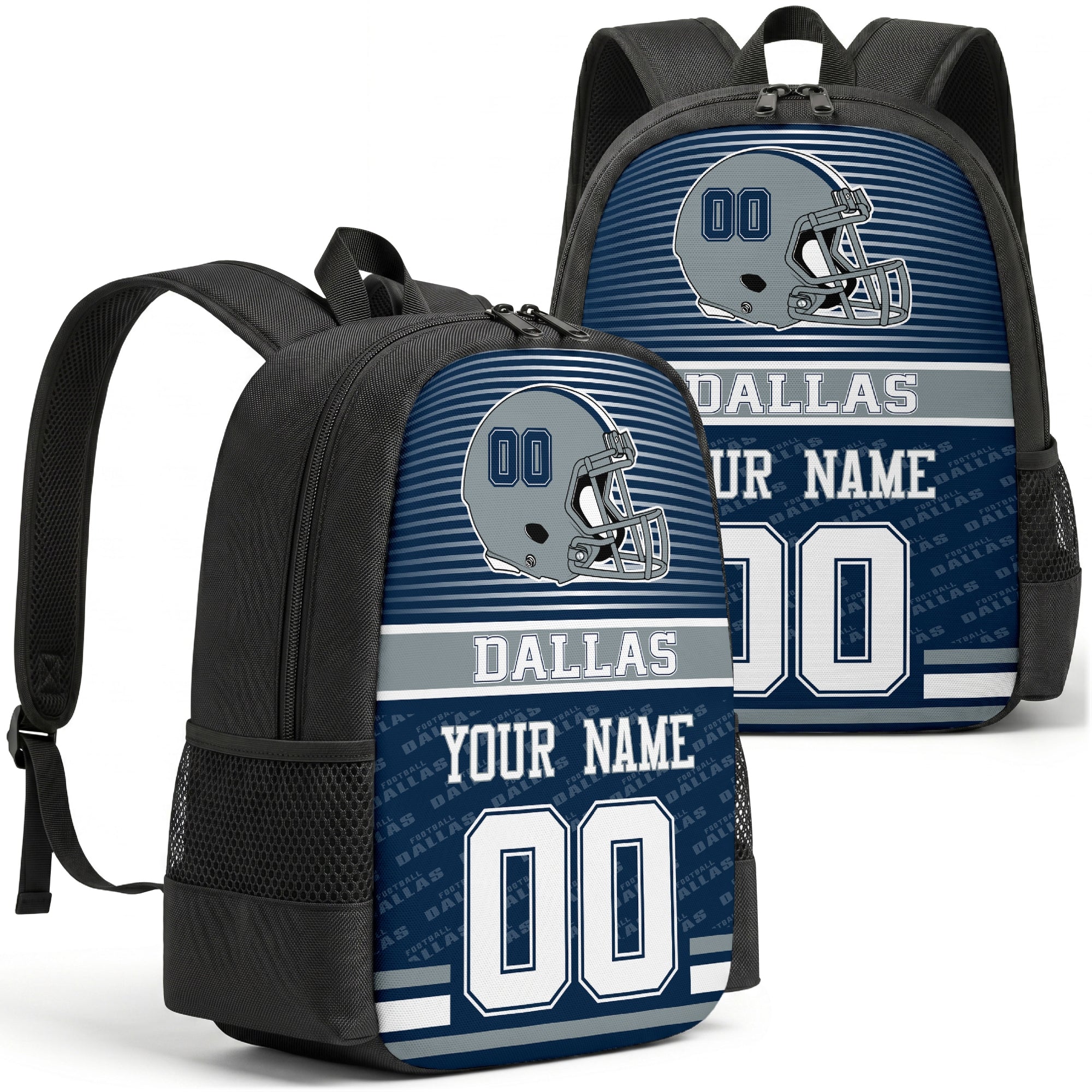Custom football backpack in Dallas city colors with name and number