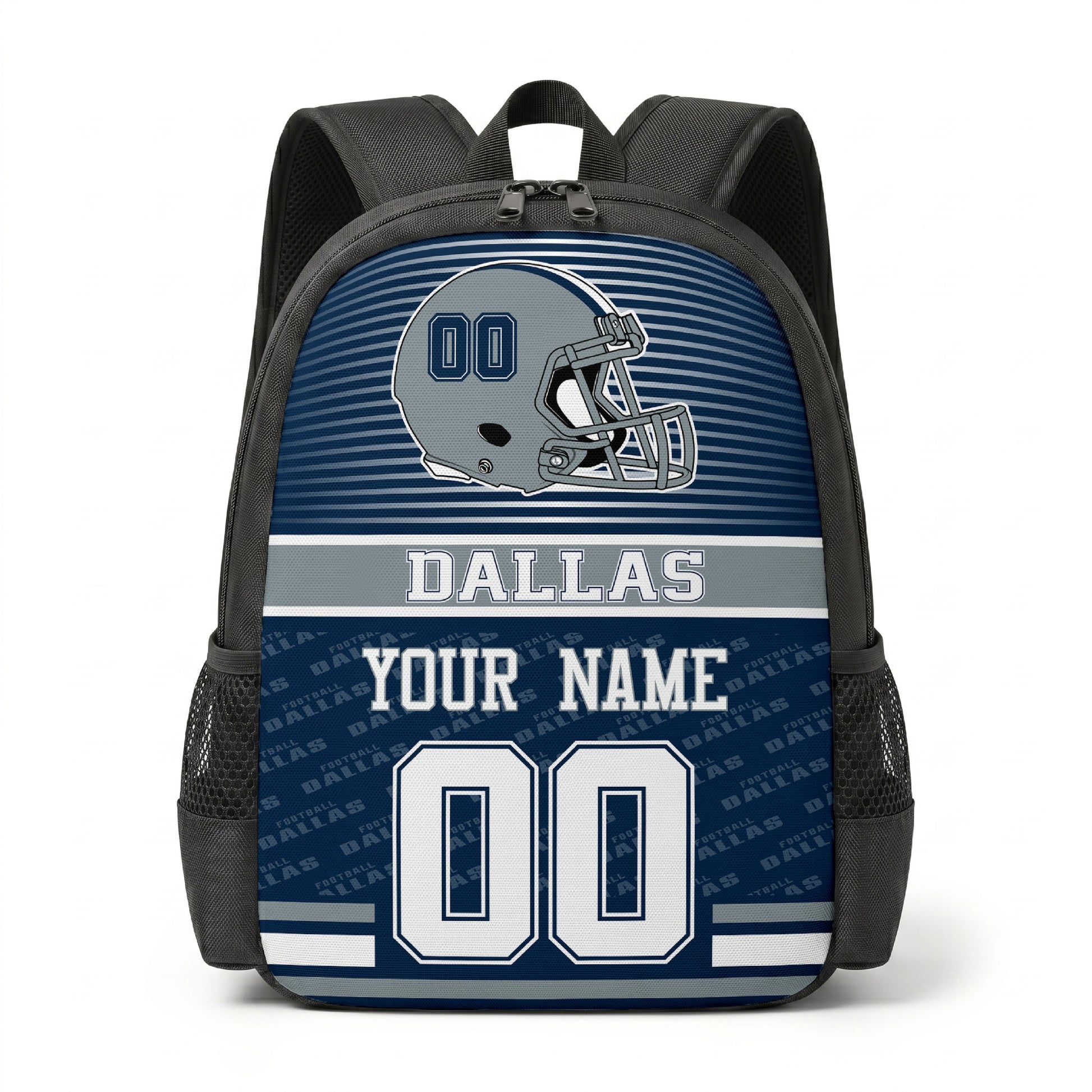 Dallas city color football backpack front view with helmet graphic